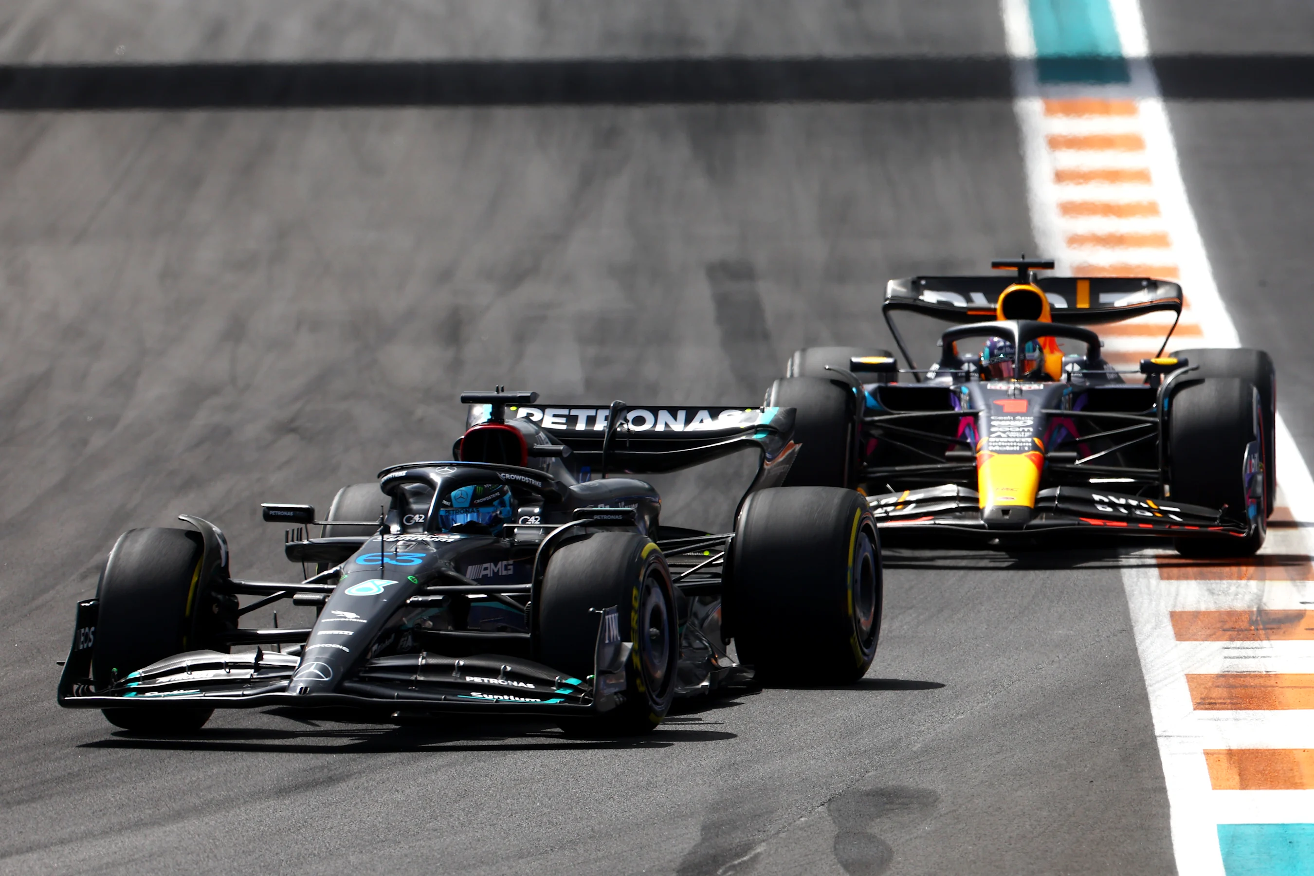 MIAMI, FLORIDA - MAY 07: George Russell of Great Britain driving the (63) Mercedes AMG Petronas F1