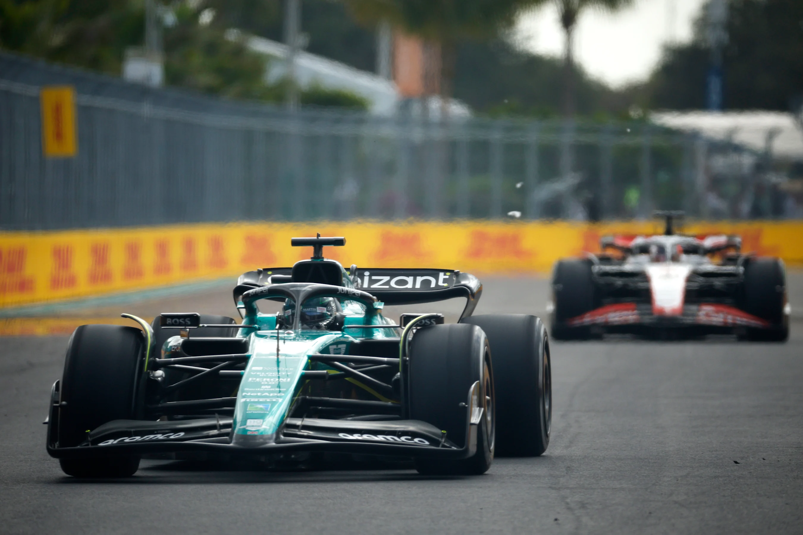 MIAMI, FLORIDA - MAY 07: Lance Stroll of Canada driving the (18) Aston Martin AMR23 Mercedes leads