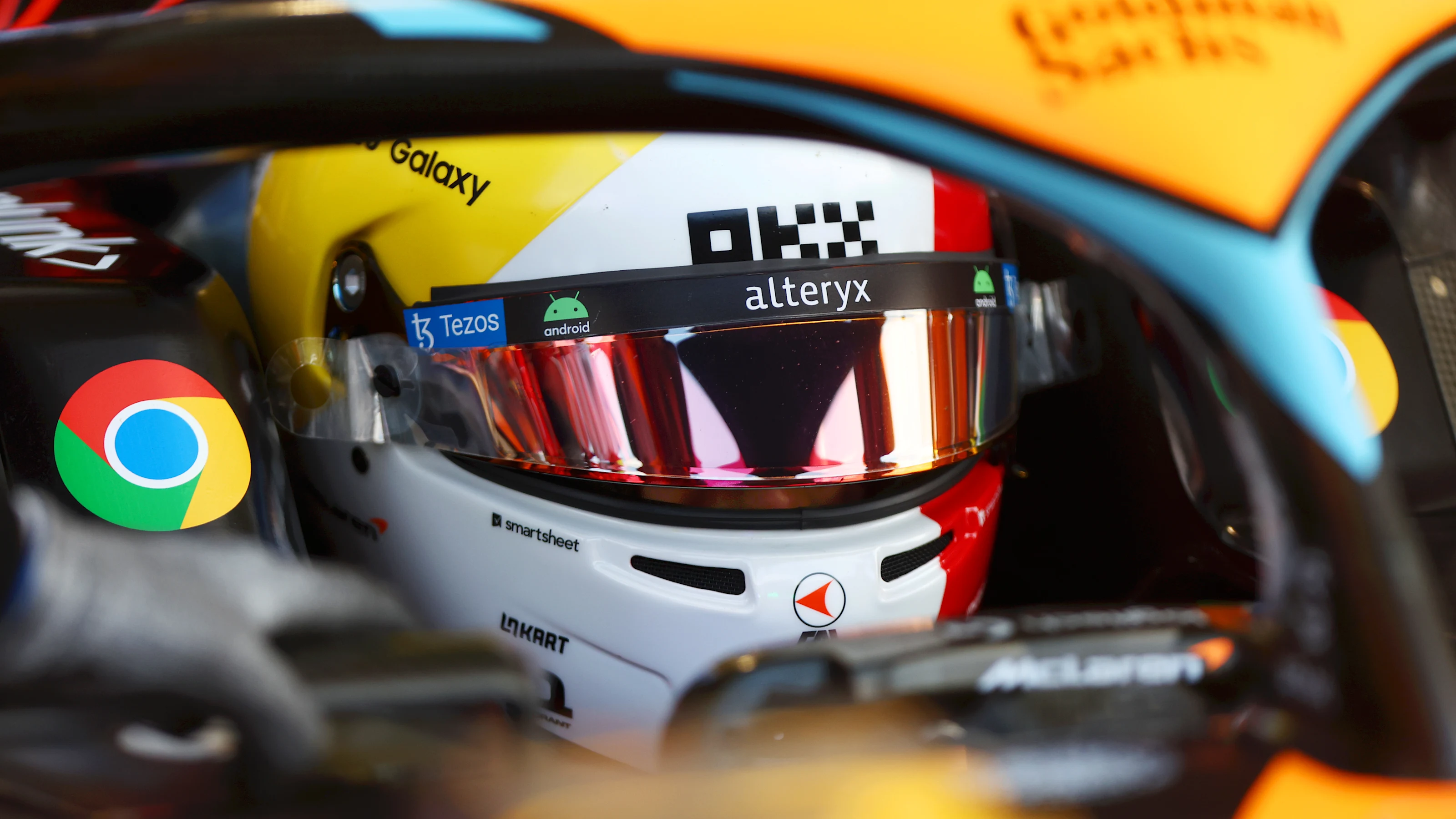 MIAMI, FLORIDA - MAY 05: Lando Norris of Great Britain and McLaren prepares to drive in the garage