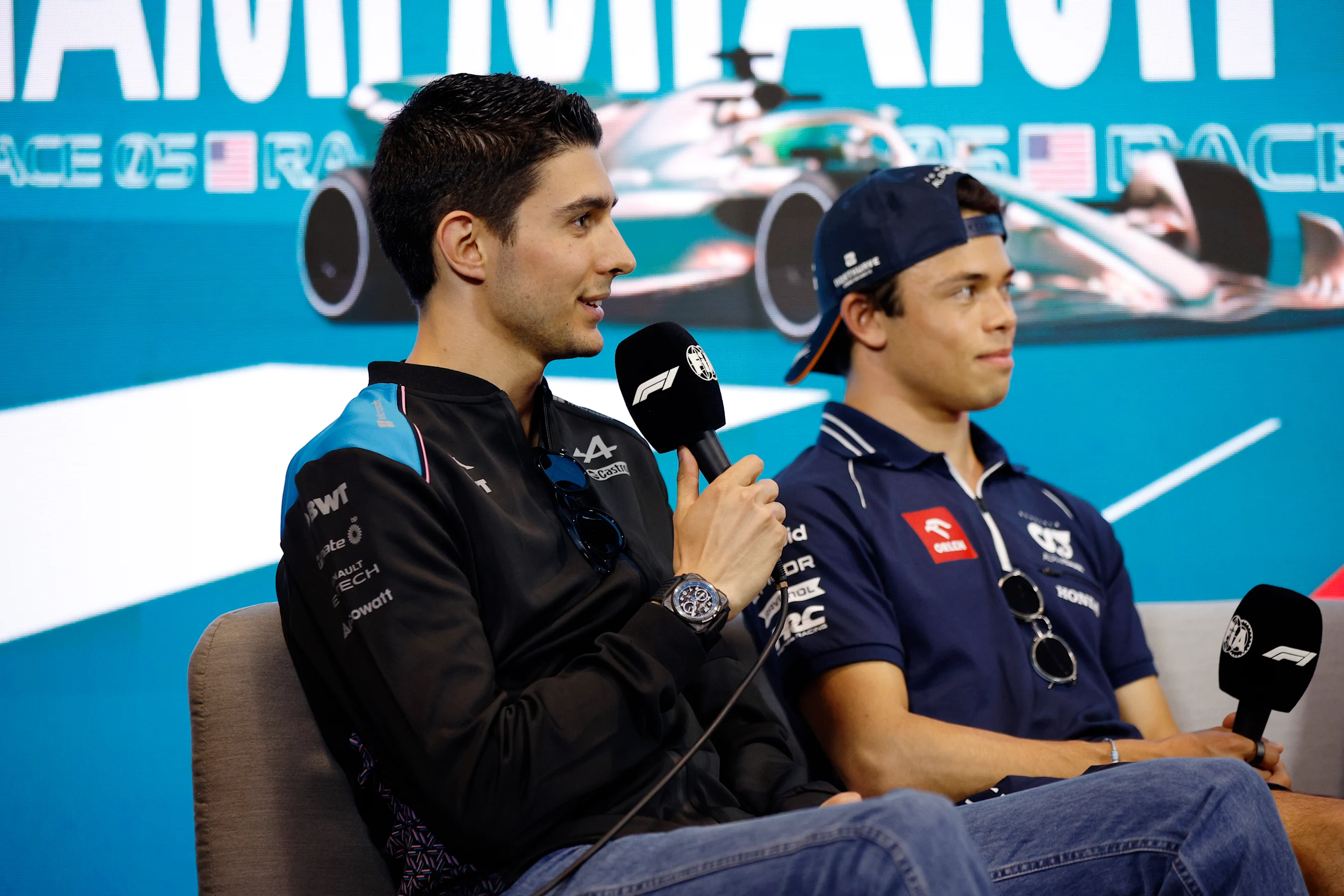 MIAMI, FLORIDA - MAY 04: Esteban Ocon of France and Alpine F1 talks in the Drivers Press Conference