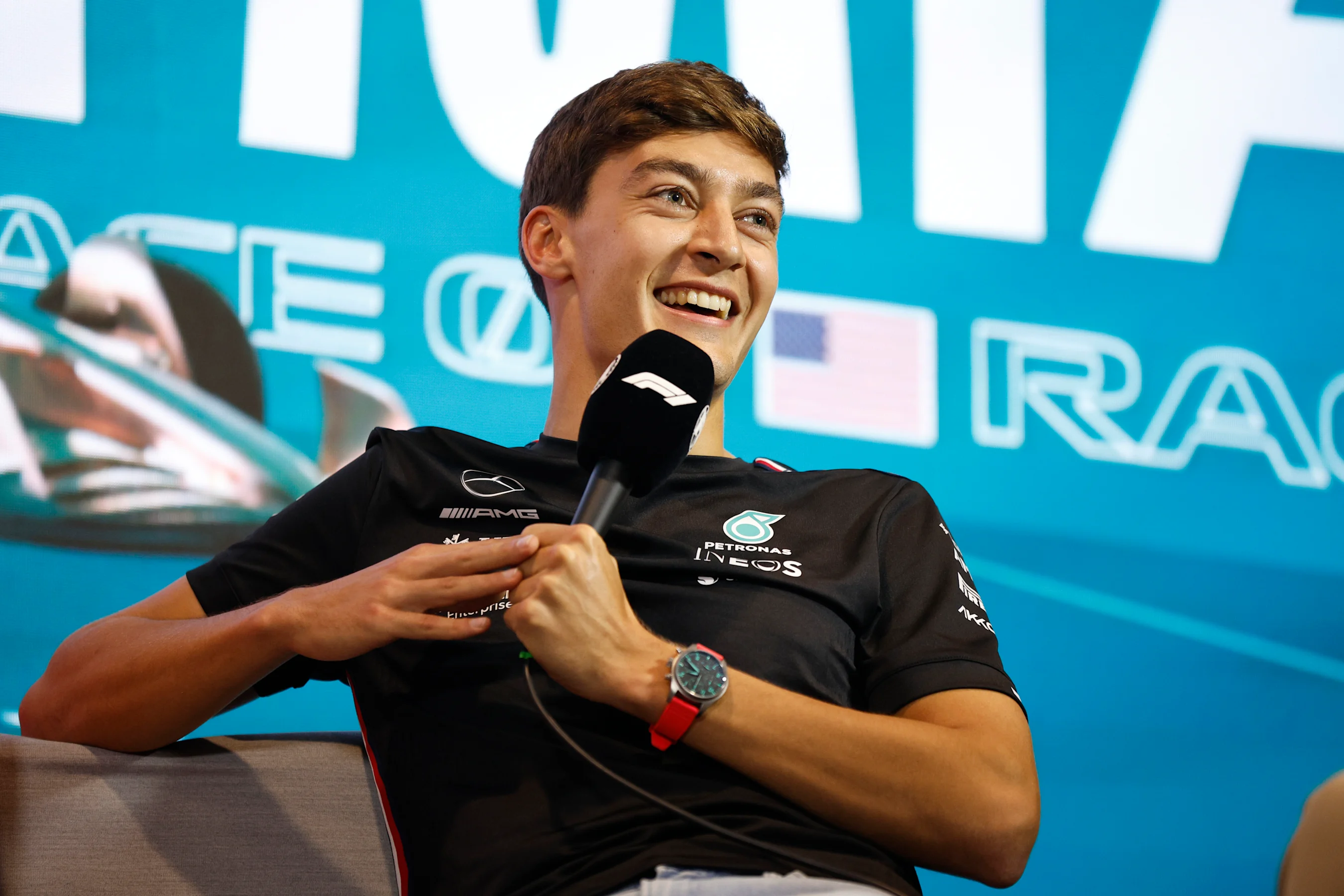 MIAMI, FLORIDA - MAY 04: George Russell of Great Britain and Mercedes looks on in the Drivers Press