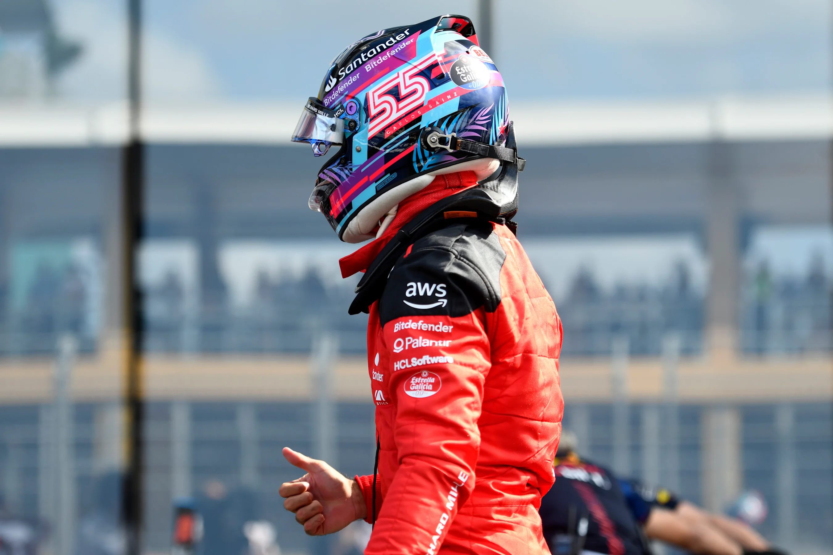 MIAMI, FLORIDA - MAY 06: Third placed qualifier Carlos Sainz of Spain and Ferrari climbs from his