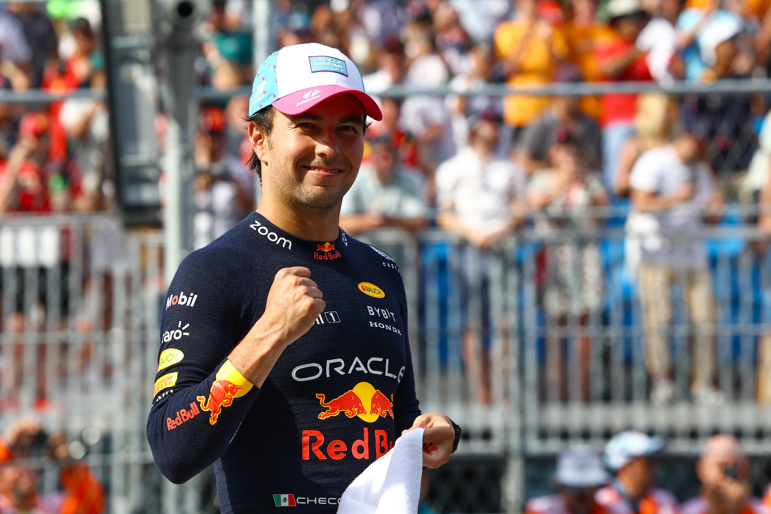MIAMI, FLORIDA - MAY 06: Pole position qualifier Sergio Perez of Mexico and Oracle Red Bull Racing