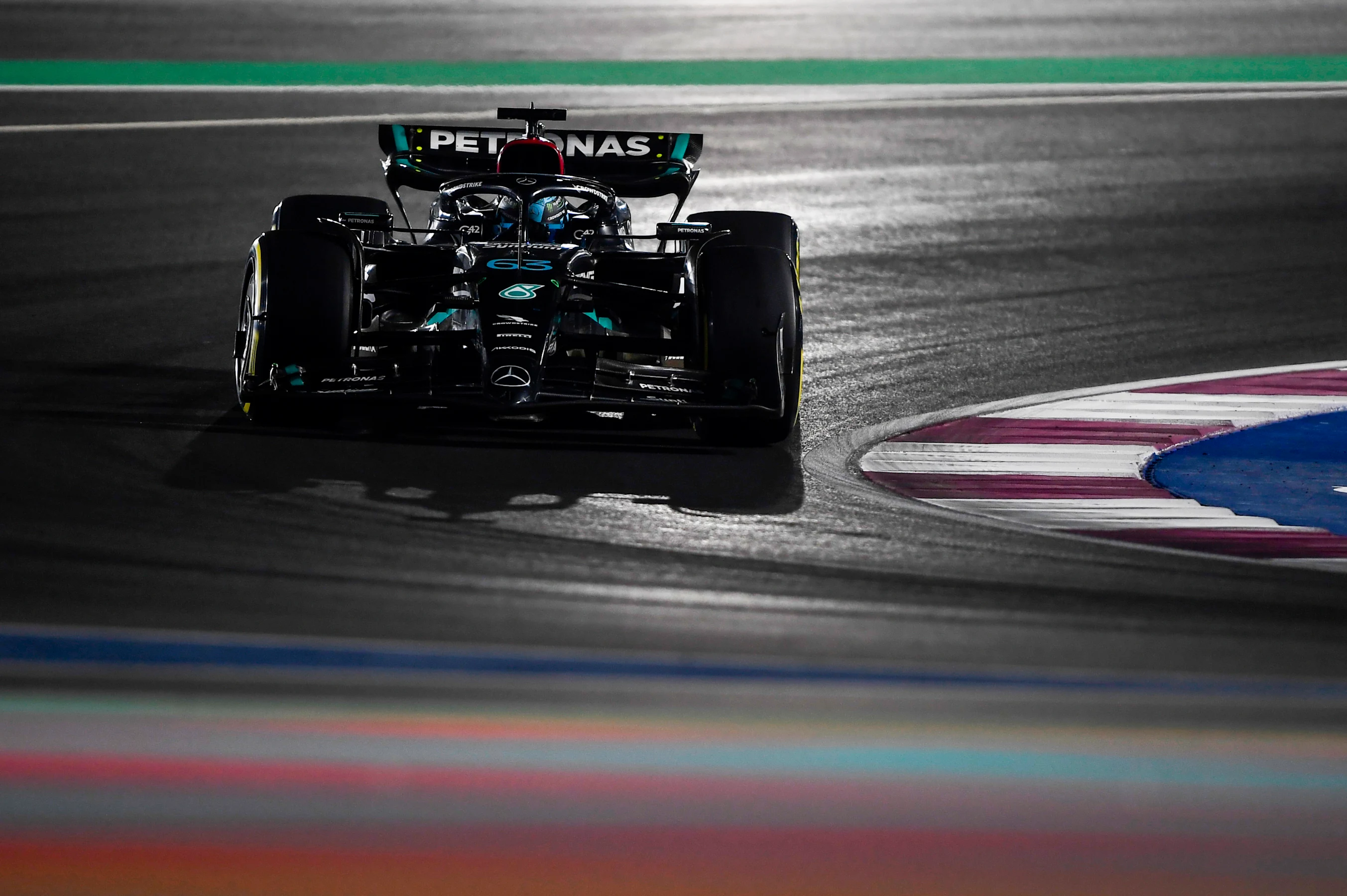 LUSAIL CITY, QATAR - OCTOBER 08: George Russell of Great Britain driving the (63) Mercedes AMG