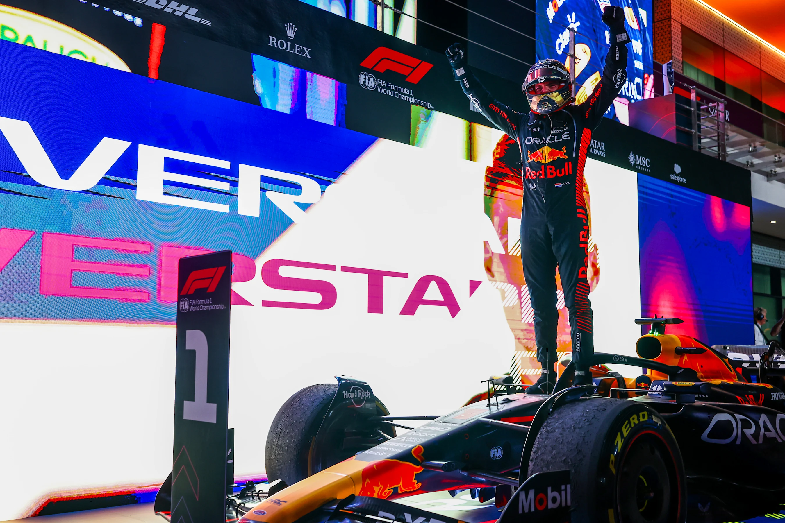 LUSAIL CITY, QATAR - OCTOBER 08: Race winner Max Verstappen of the Netherlands and Oracle Red Bull