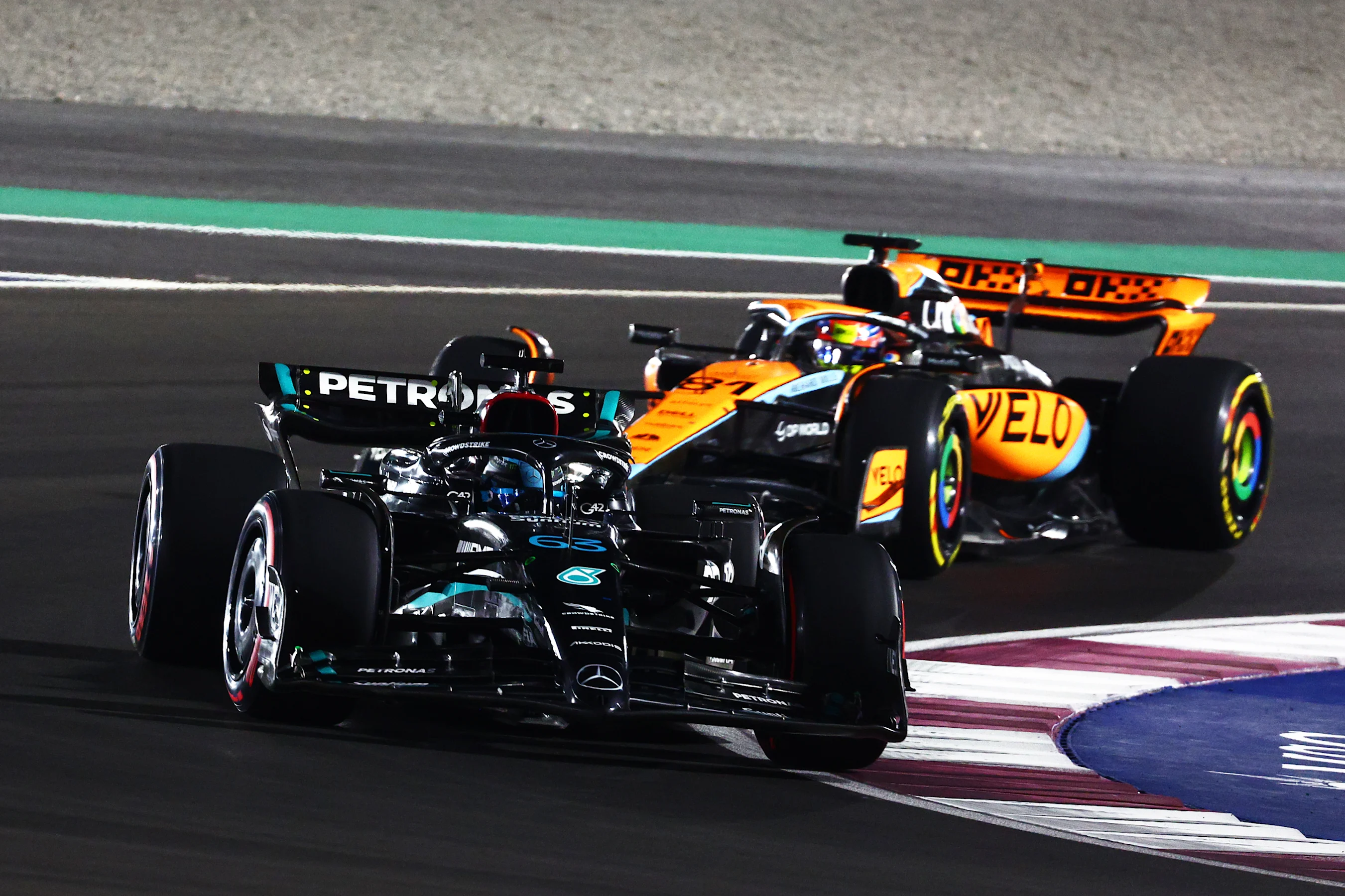 LUSAIL CITY, QATAR - OCTOBER 07: George Russell of Great Britain driving the (63) Mercedes AMG