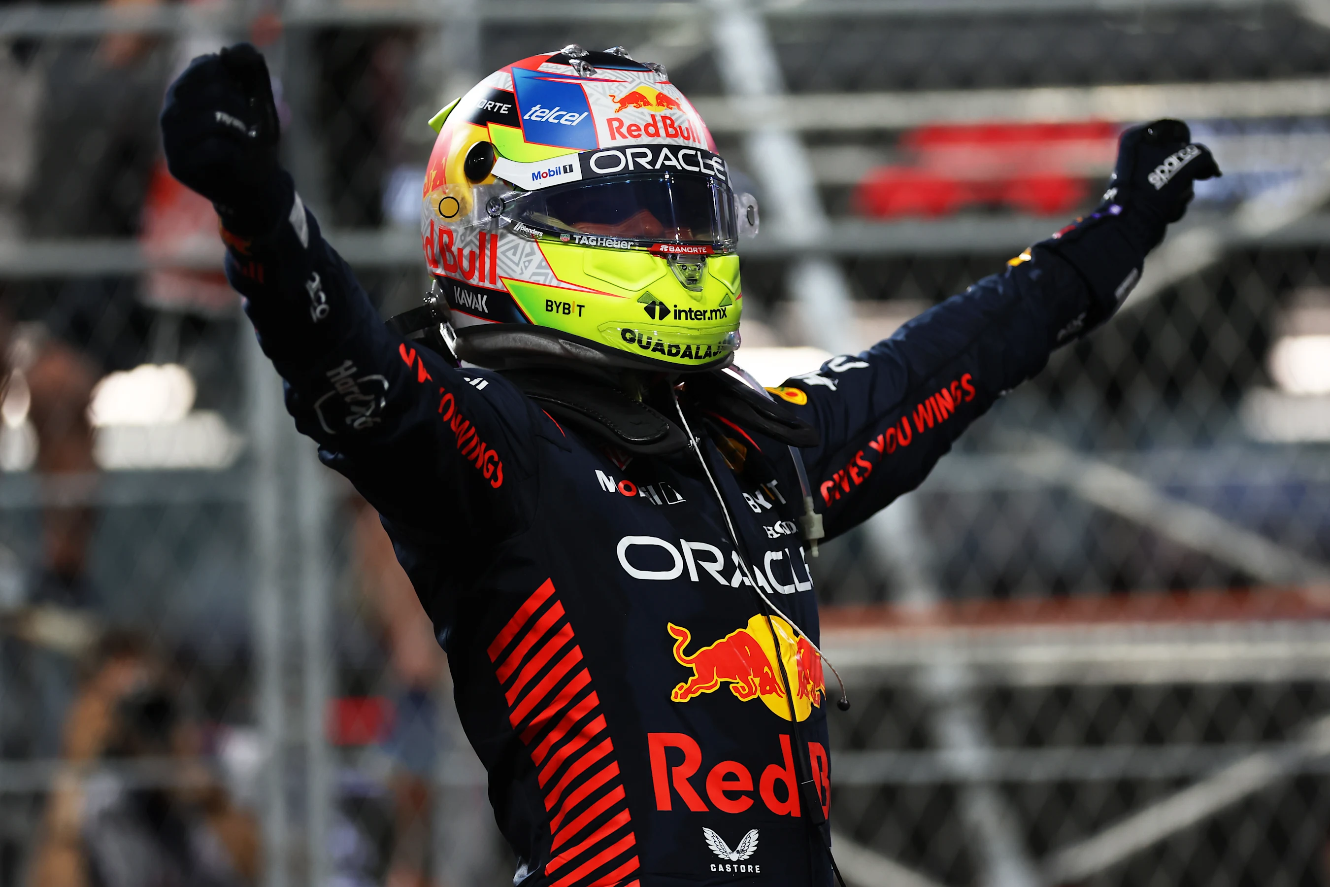 JEDDAH, SAUDI ARABIA - MARCH 19: Race winner Sergio Perez of Mexico and Oracle Red Bull Racing