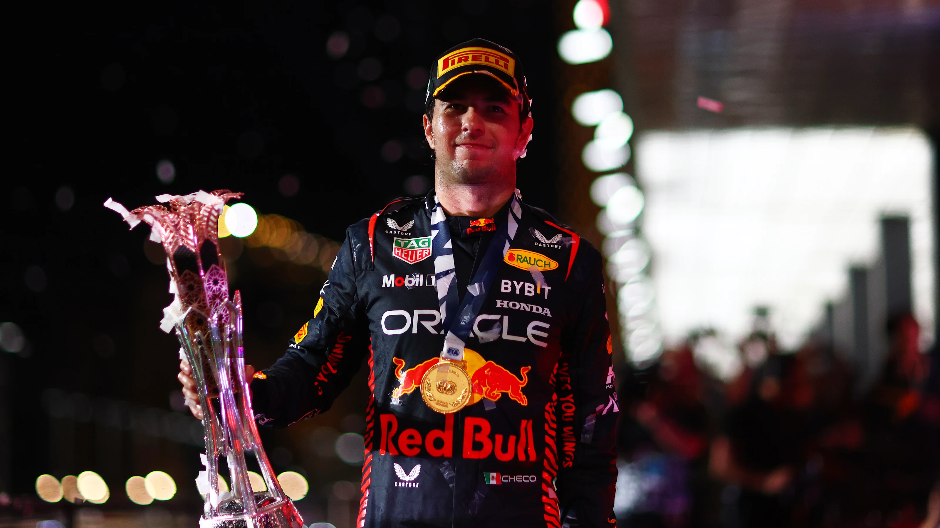 JEDDAH, SAUDI ARABIA - MARCH 19: Race winner Sergio Perez of Mexico and Oracle Red Bull Racing