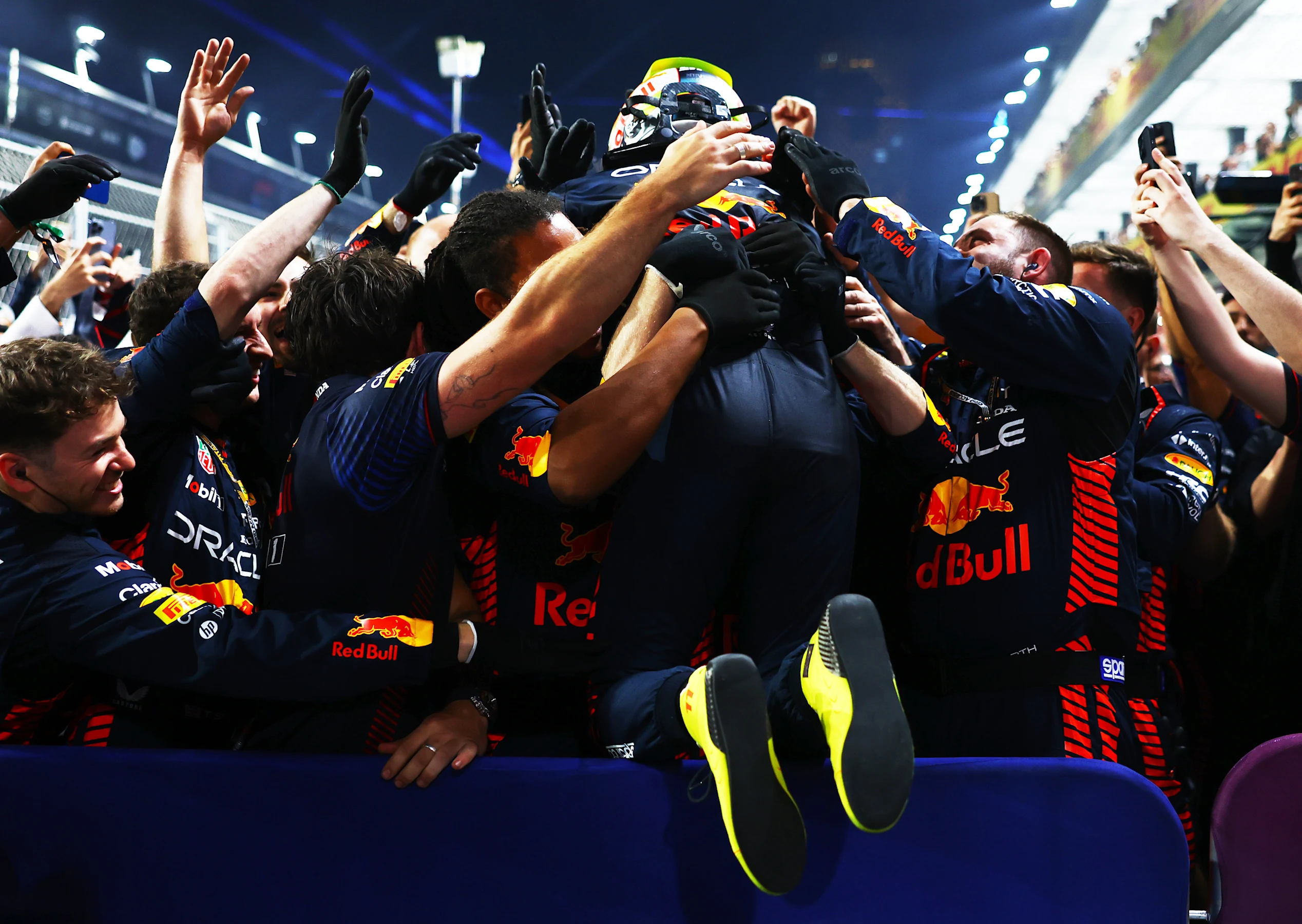JEDDAH, SAUDI ARABIA - MARCH 19: Race winner Sergio Perez of Mexico and Oracle Red Bull Racing