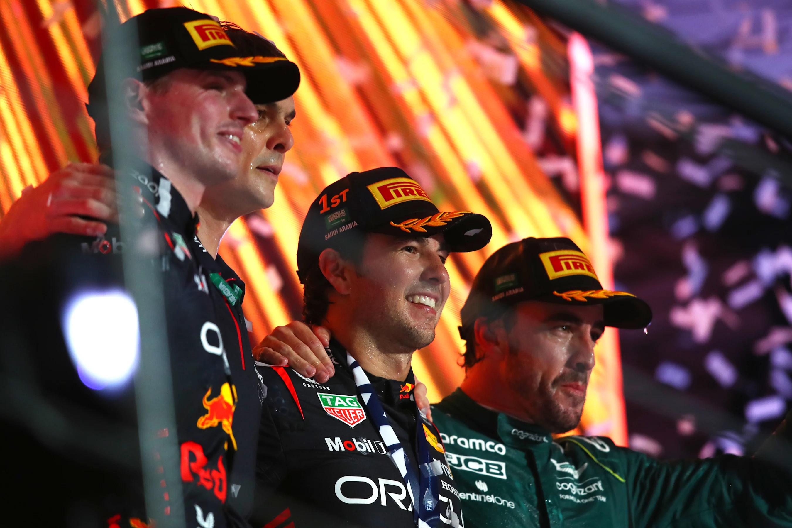 JEDDAH, SAUDI ARABIA - MARCH 19: Race winner Sergio Perez of Mexico and Oracle Red Bull Racing