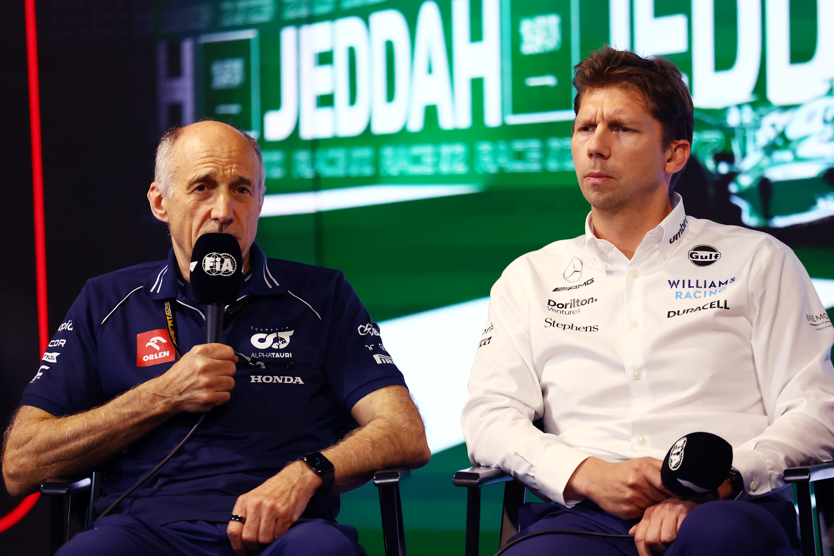 JEDDAH, SAUDI ARABIA - MARCH 17: Scuderia AlphaTauri Team Principal Franz Tost and James Vowles,