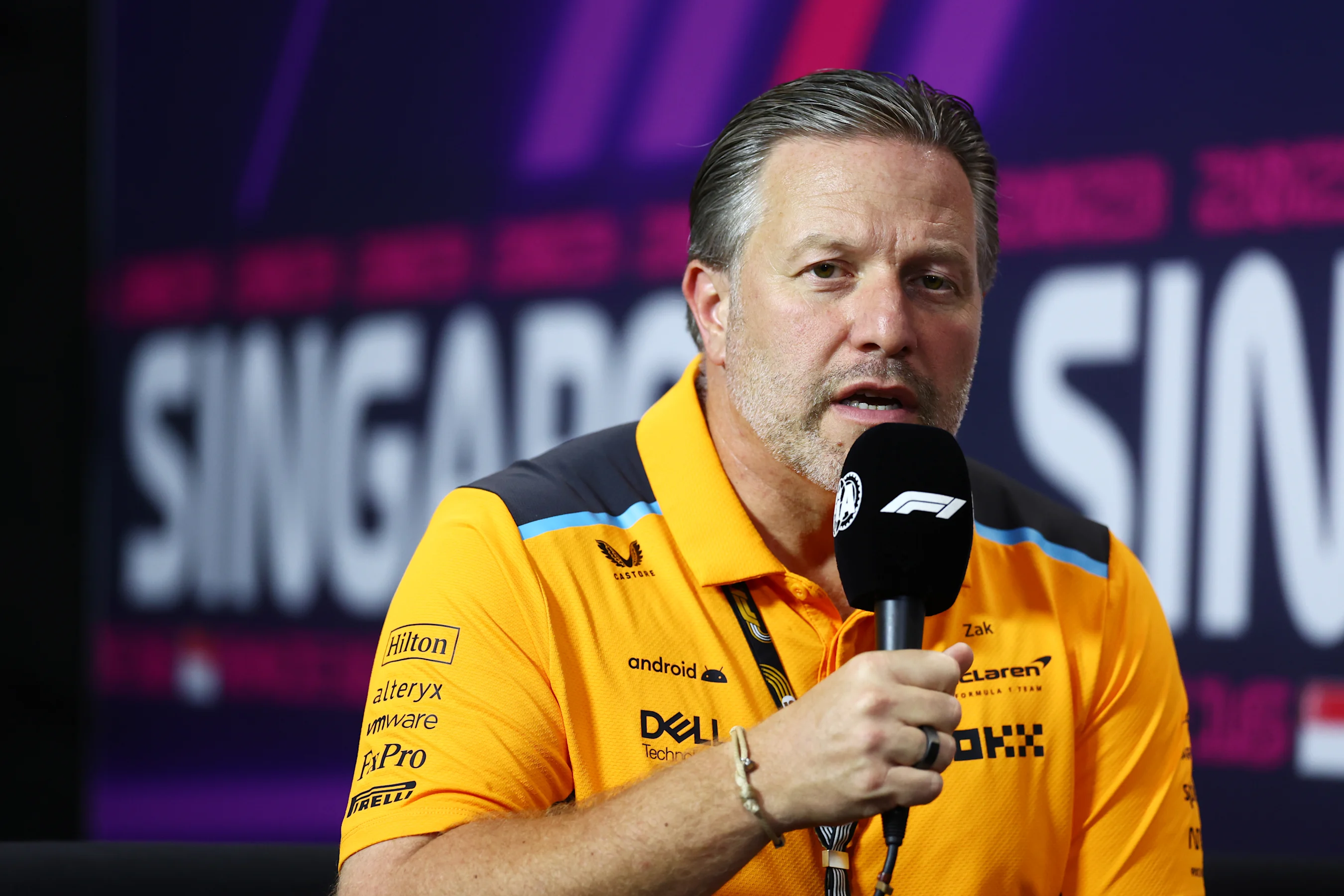 SINGAPORE, SINGAPORE - SEPTEMBER 15: McLaren Chief Executive Officer Zak Brown talks in the team
