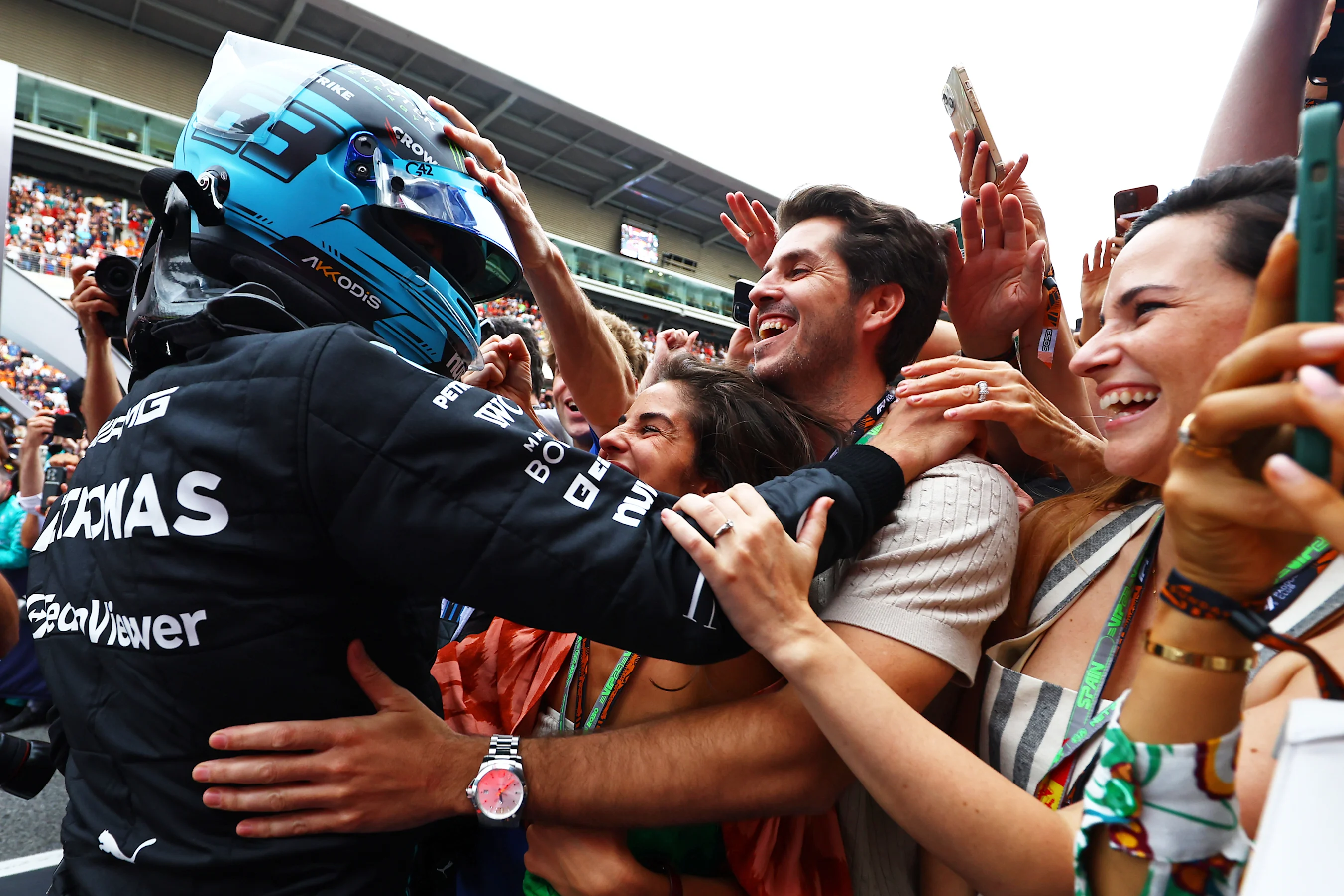 BARCELONA, SPAIN - JUNE 04: Third placed George Russell of Great Britain and Mercedes celebrates in