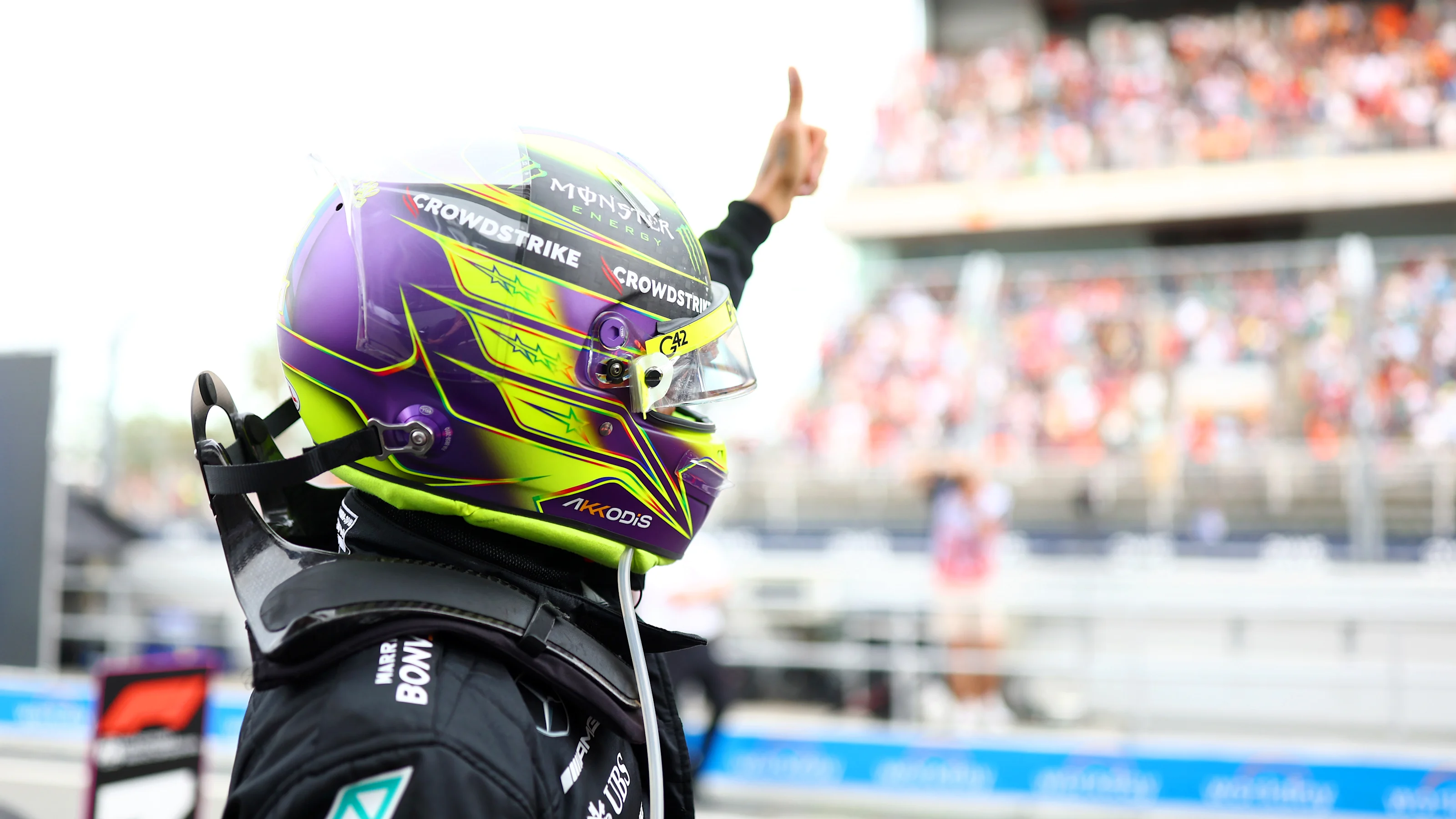 BARCELONA, SPAIN - JUNE 04: Second placed Lewis Hamilton of Great Britain and Mercedes celebrates