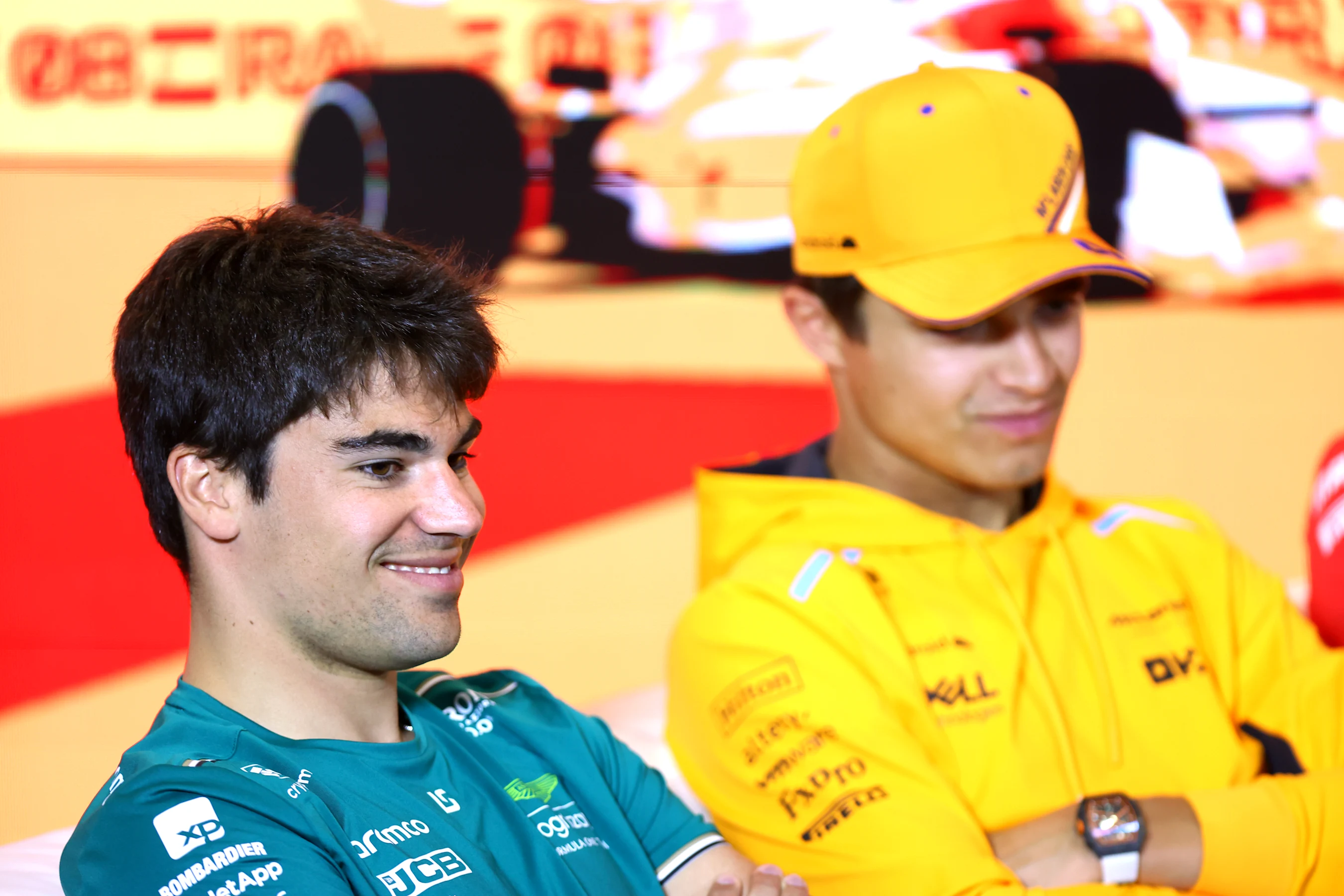 BARCELONA, SPAIN - JUNE 01: Lance Stroll of Canada and Aston Martin F1 Team and Lando Norris of