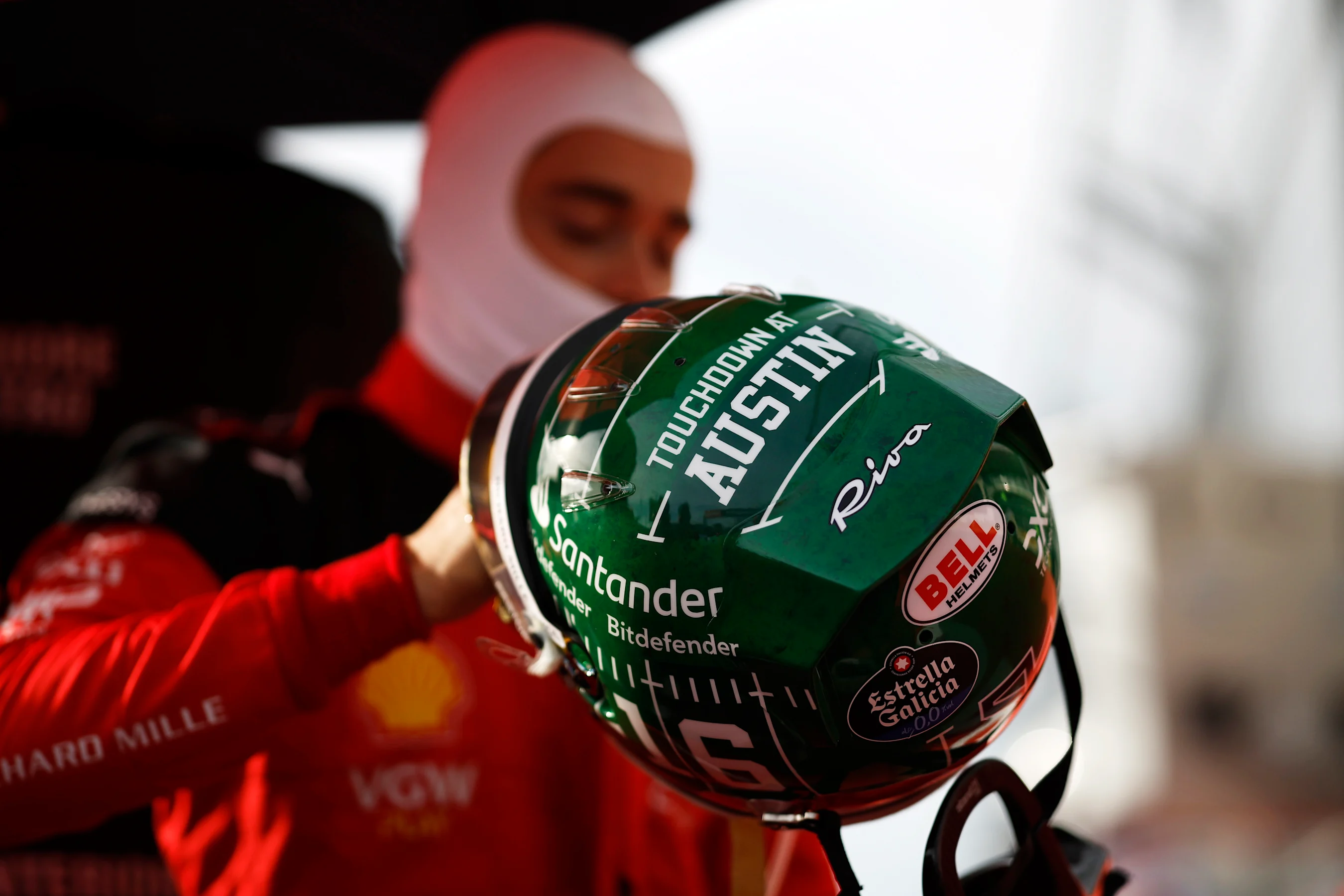AUSTIN, TEXAS - OCTOBER 21: A detailed view of the race helmet of Charles Leclerc of Monaco and