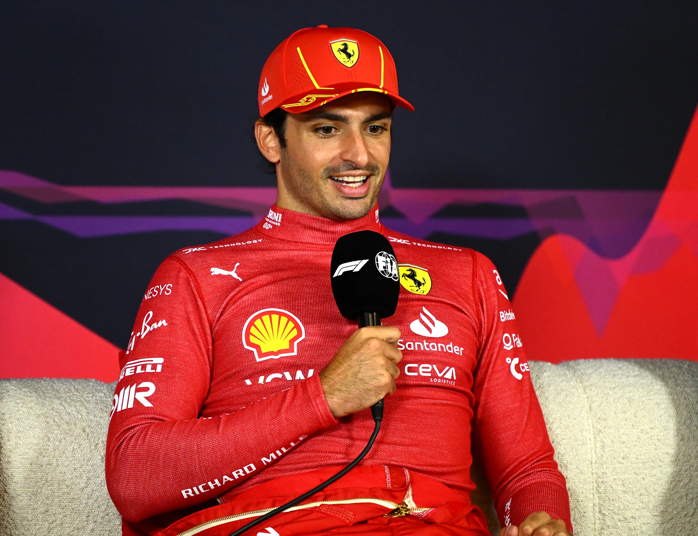 MELBOURNE, AUSTRALIA - MARCH 24: Race winner Carlos Sainz of Spain and Ferrari attends the press