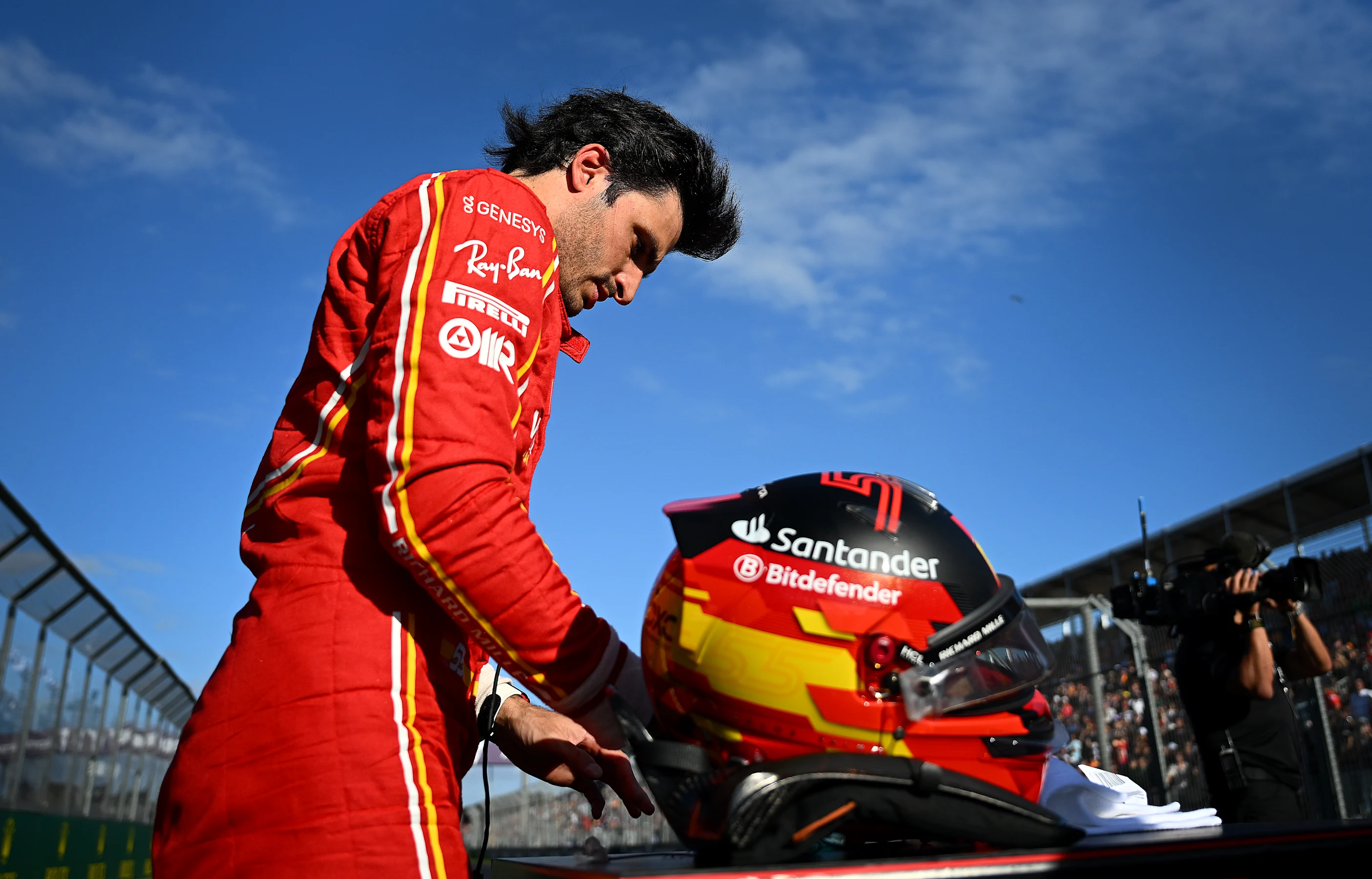 MELBOURNE, AUSTRALIA - MARCH 23: Second placed qualifier Carlos Sainz of Spain and Ferrari looks on