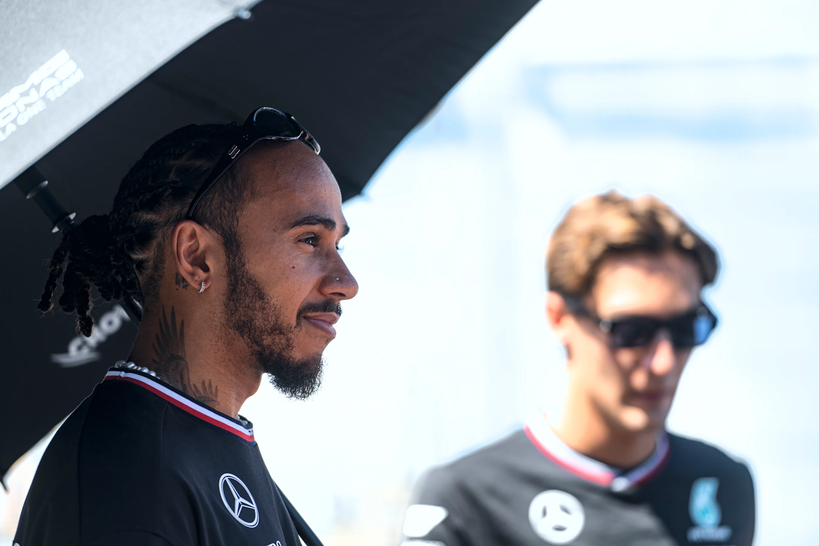 BAKU, AZERBAIJAN - SEPTEMBER 15: Lewis Hamilton of Great Britain and Mercedes looks on from the