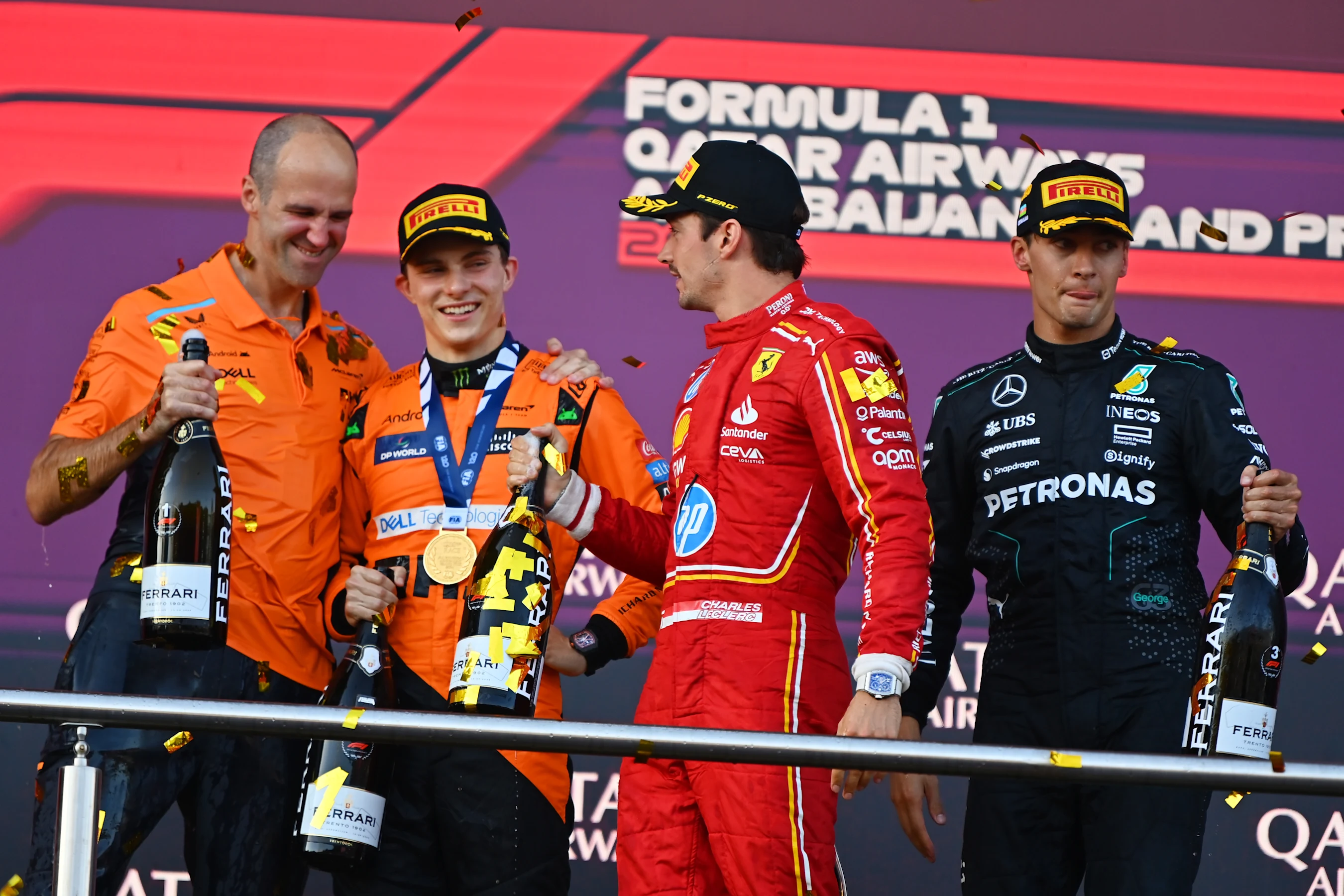 BAKU, AZERBAIJAN - SEPTEMBER 15: Race winner Oscar Piastri of Australia and McLaren, Second placed