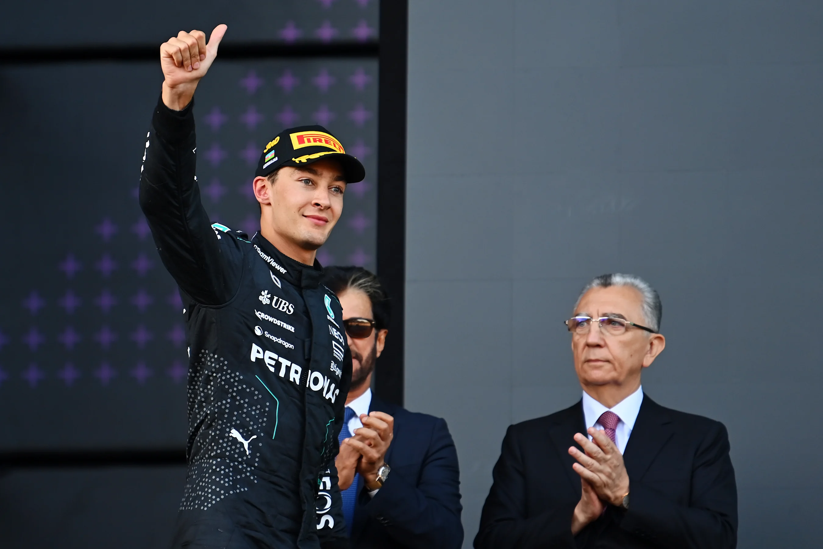 BAKU, AZERBAIJAN - SEPTEMBER 15: Third placed George Russell of Great Britain and Mercedes