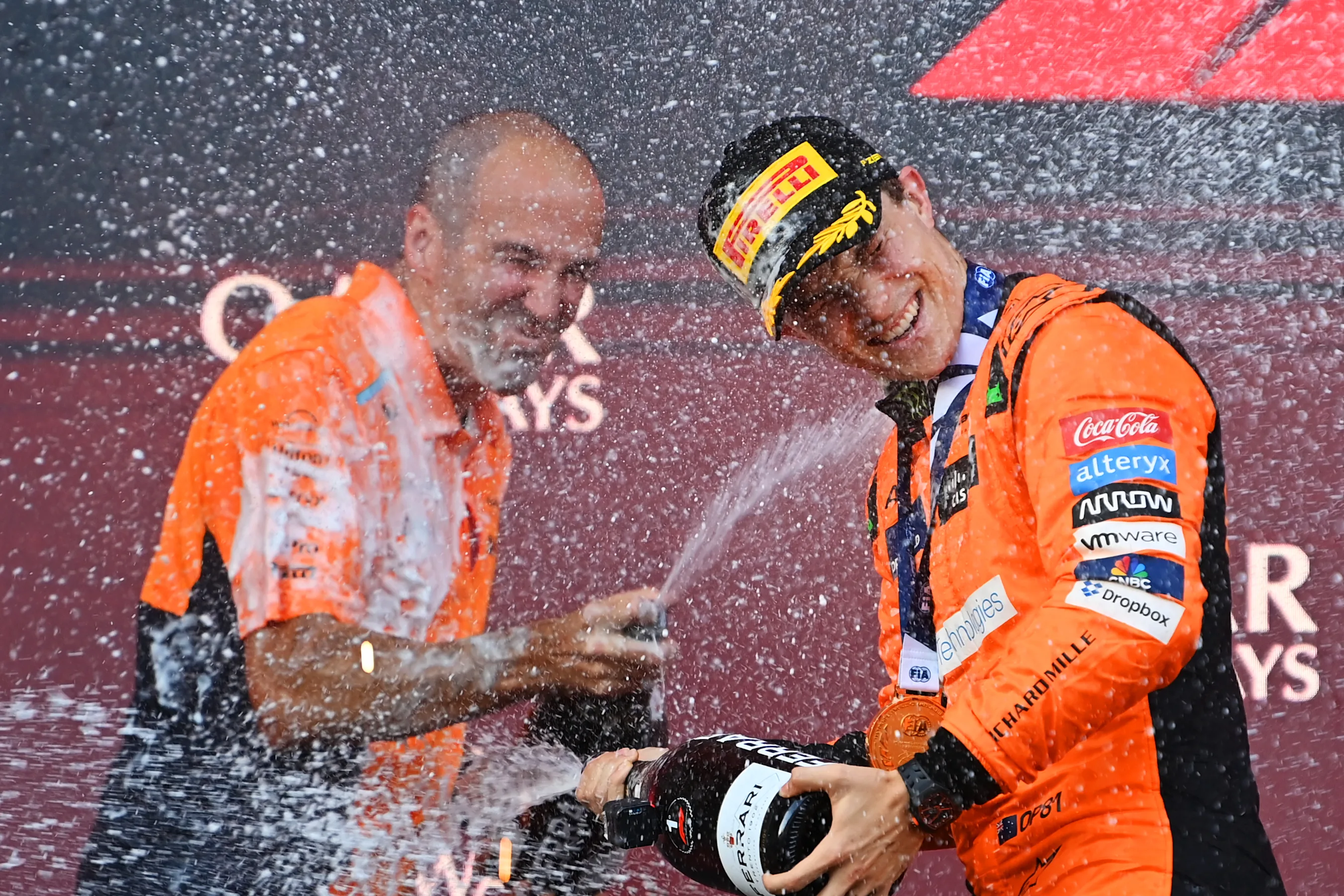 BAKU, AZERBAIJAN - SEPTEMBER 15: Race winner Oscar Piastri of Australia and McLaren and McLaren