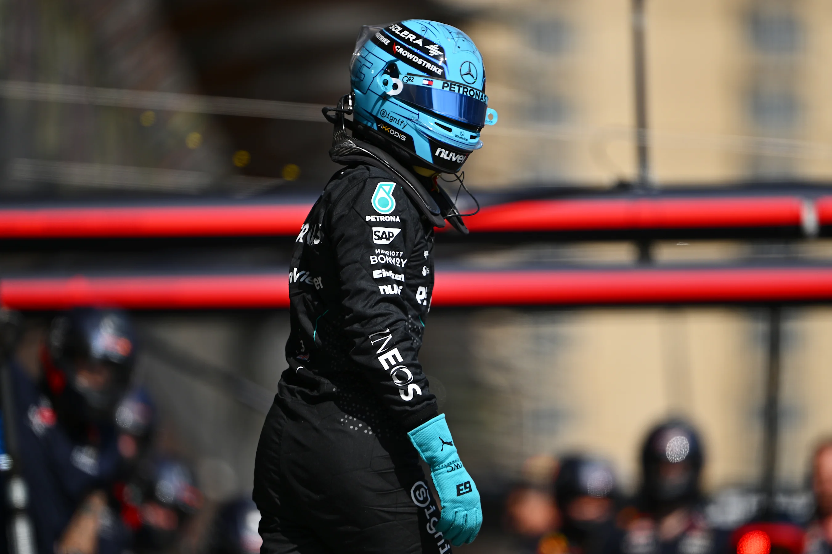 BAKU, AZERBAIJAN - SEPTEMBER 13: George Russell of Great Britain and Mercedes looks on in the