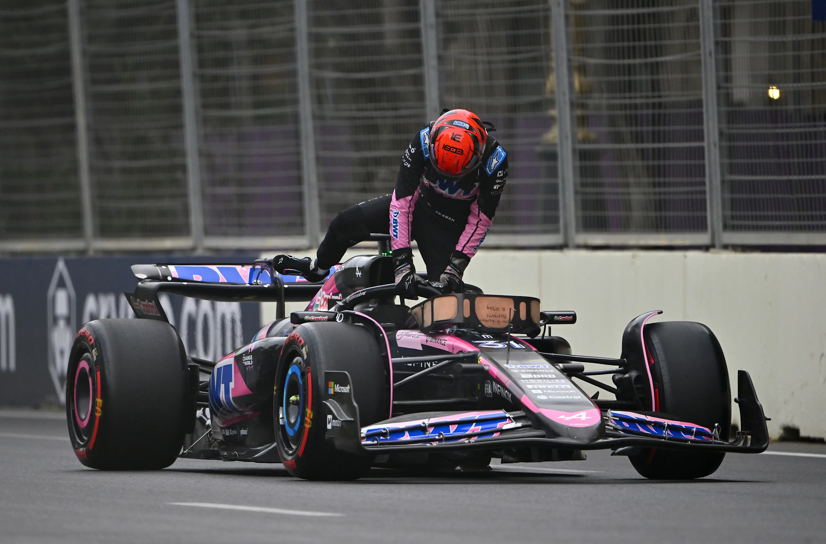 BAKU, AZERBAIJAN - SEPTEMBER 14: Esteban Ocon of France and Alpine F1 climbs from his car after