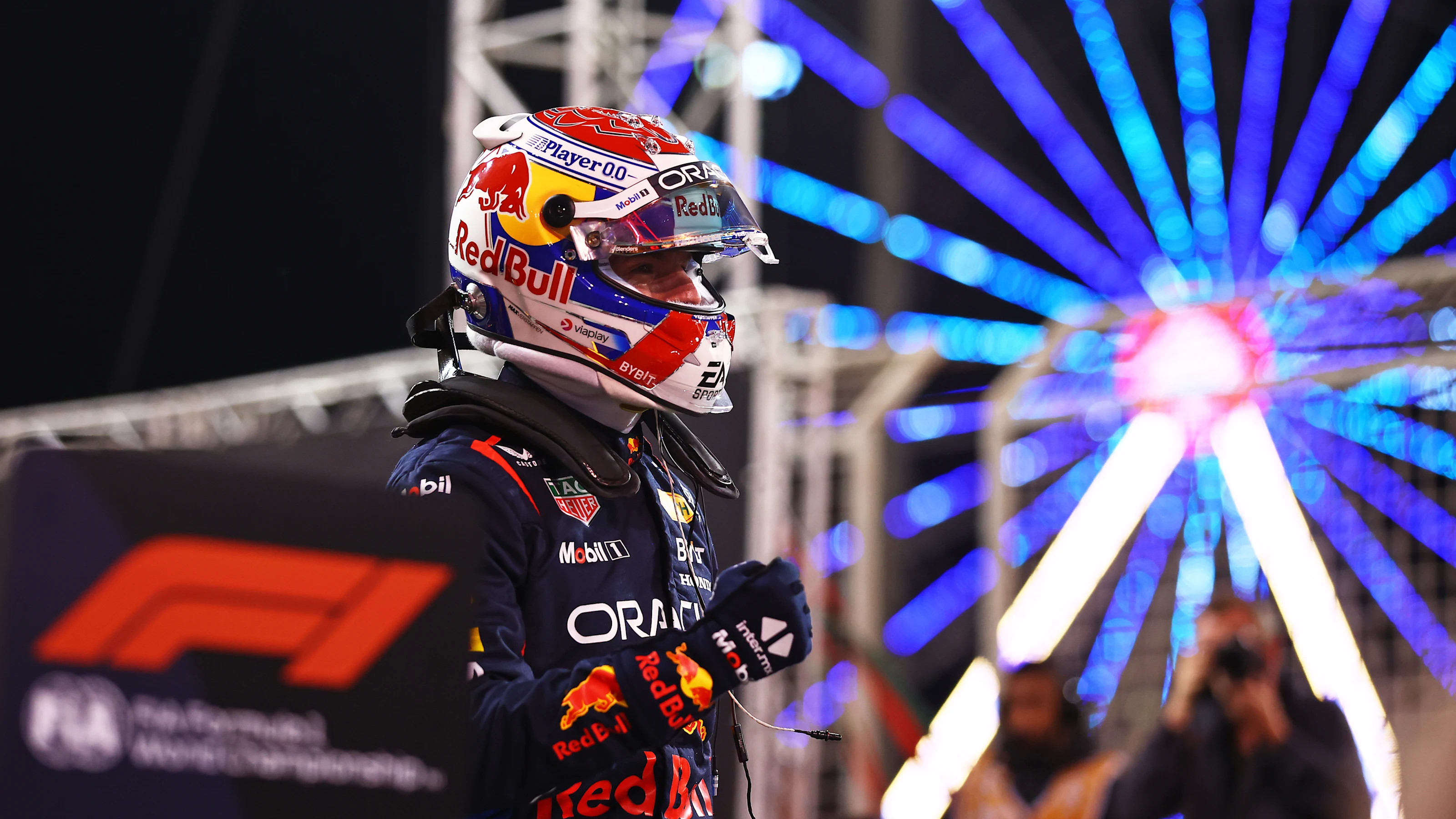 BAHRAIN, BAHRAIN - MARCH 01: Pole position qualifier Max Verstappen of the Netherlands and Oracle