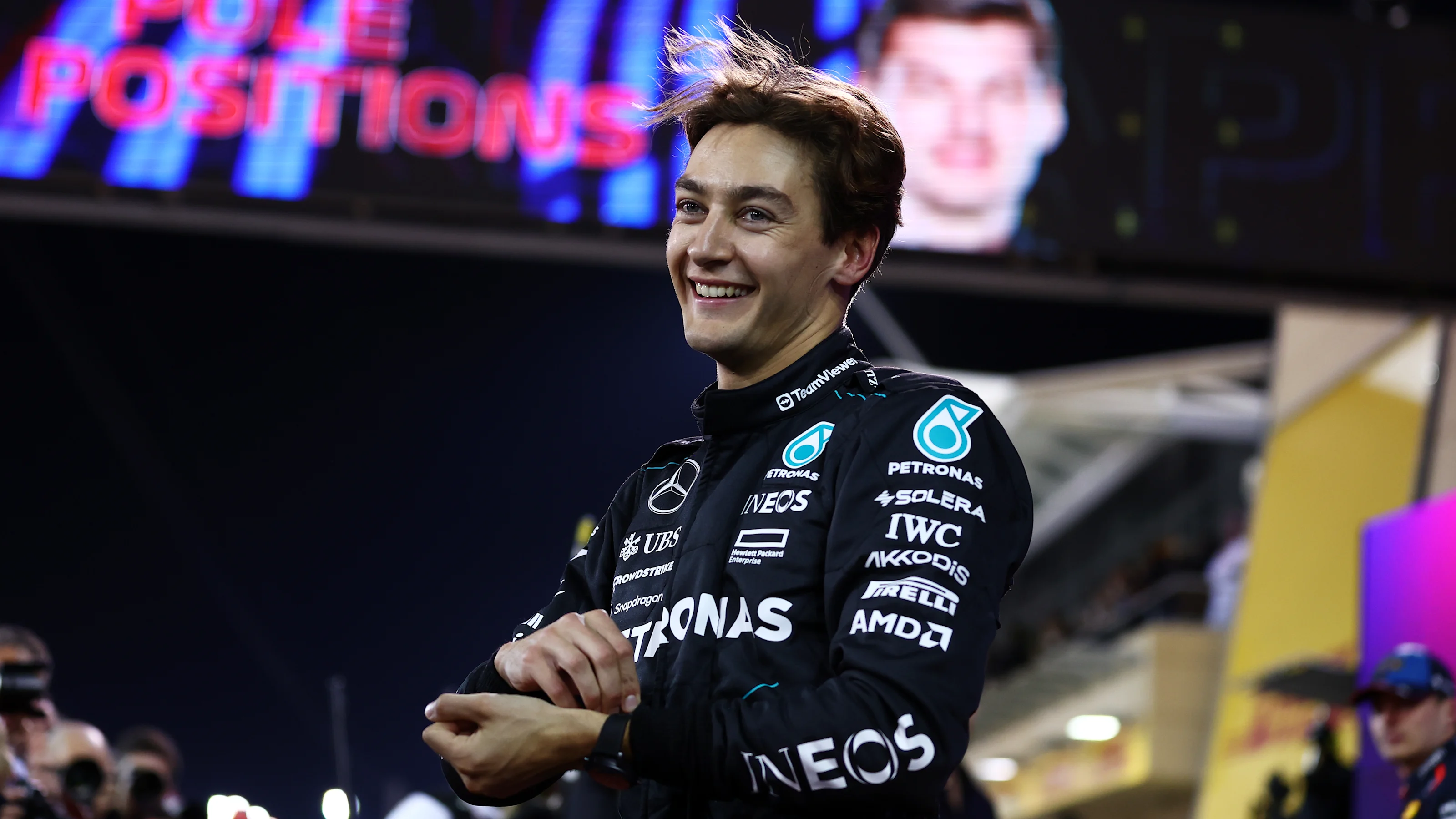 BAHRAIN, BAHRAIN - MARCH 01: Third placed qualifier George Russell of Great Britain and Mercedes