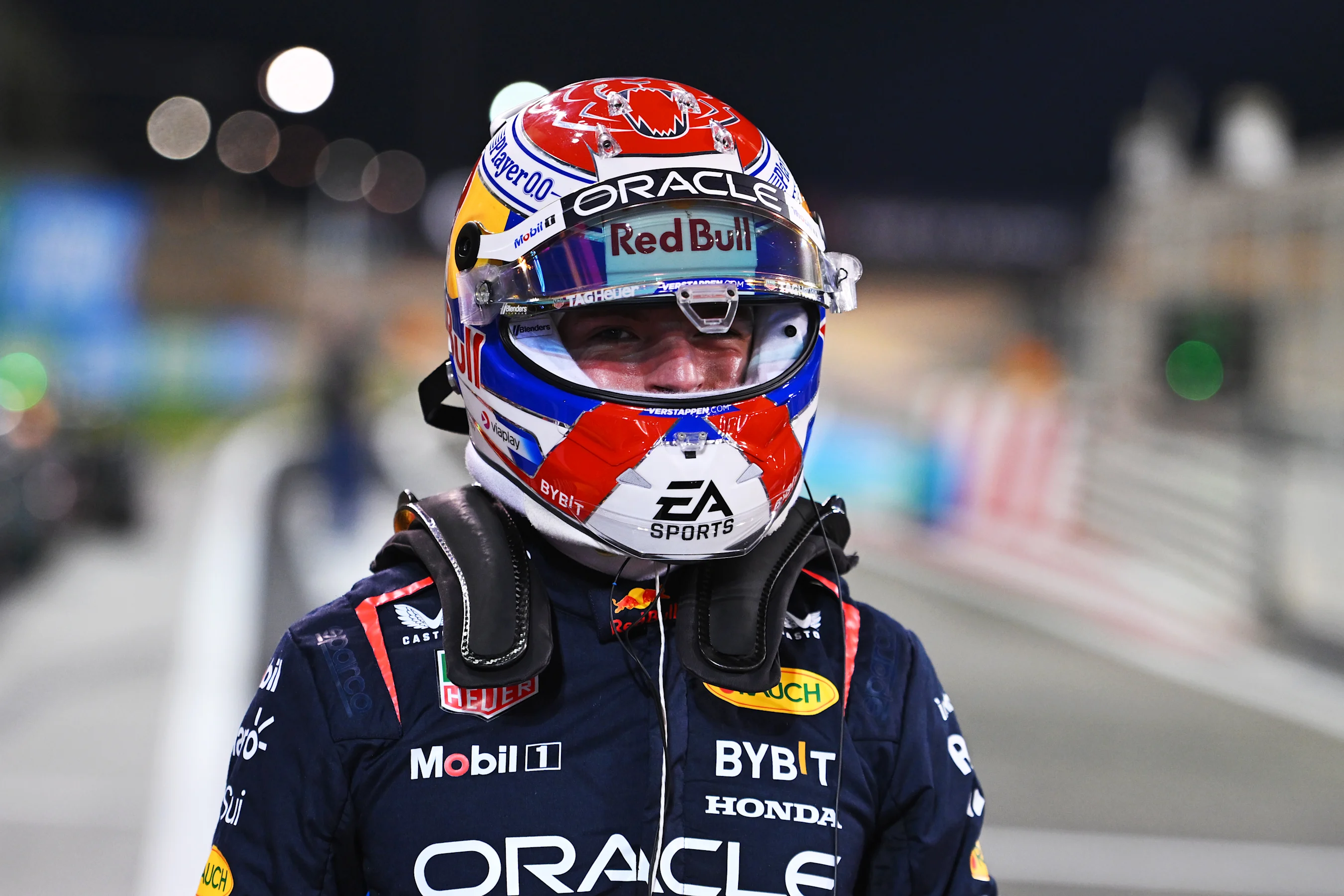 BAHRAIN, BAHRAIN - MARCH 01: Pole position qualifier Max Verstappen of the Netherlands and Oracle