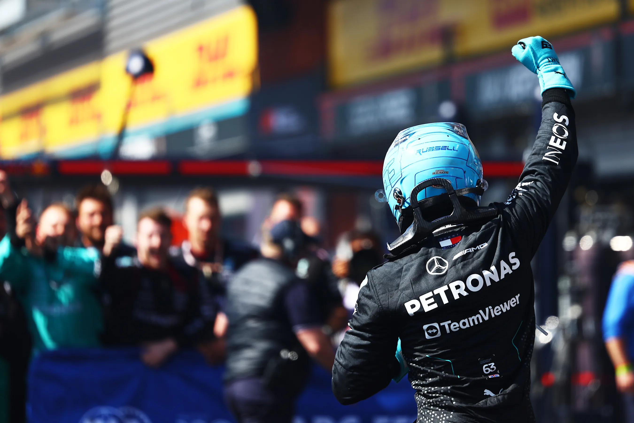 SPA, BELGIUM - JULY 28: Race winner George Russell of Great Britain and Mercedes celebrates in parc