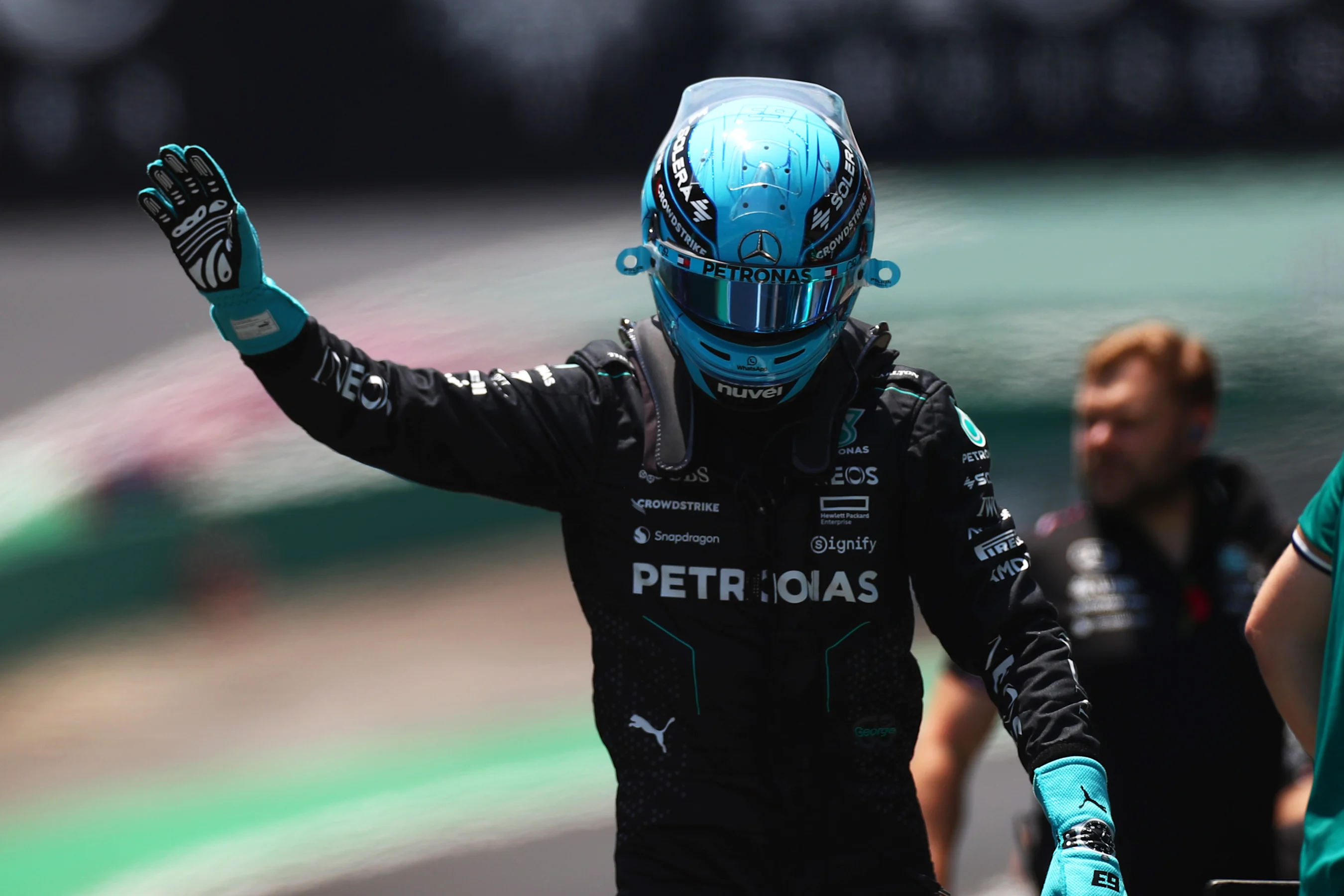 SAO PAULO, BRAZIL - NOVEMBER 01: George Russell of Great Britain and Mercedes reacts during