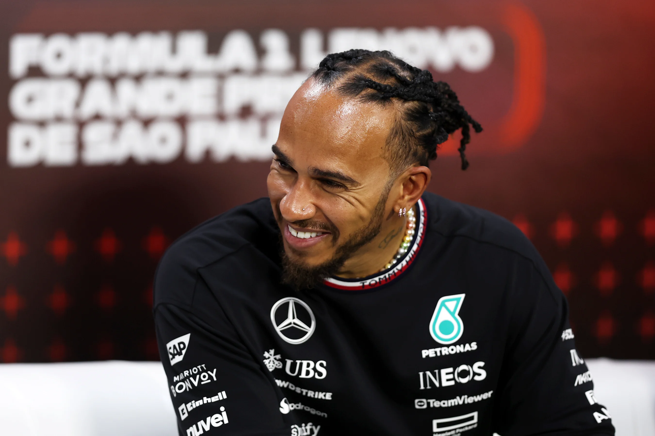 SAO PAULO, BRAZIL - OCTOBER 31: Lewis Hamilton of Great Britain and Mercedes attends the Drivers