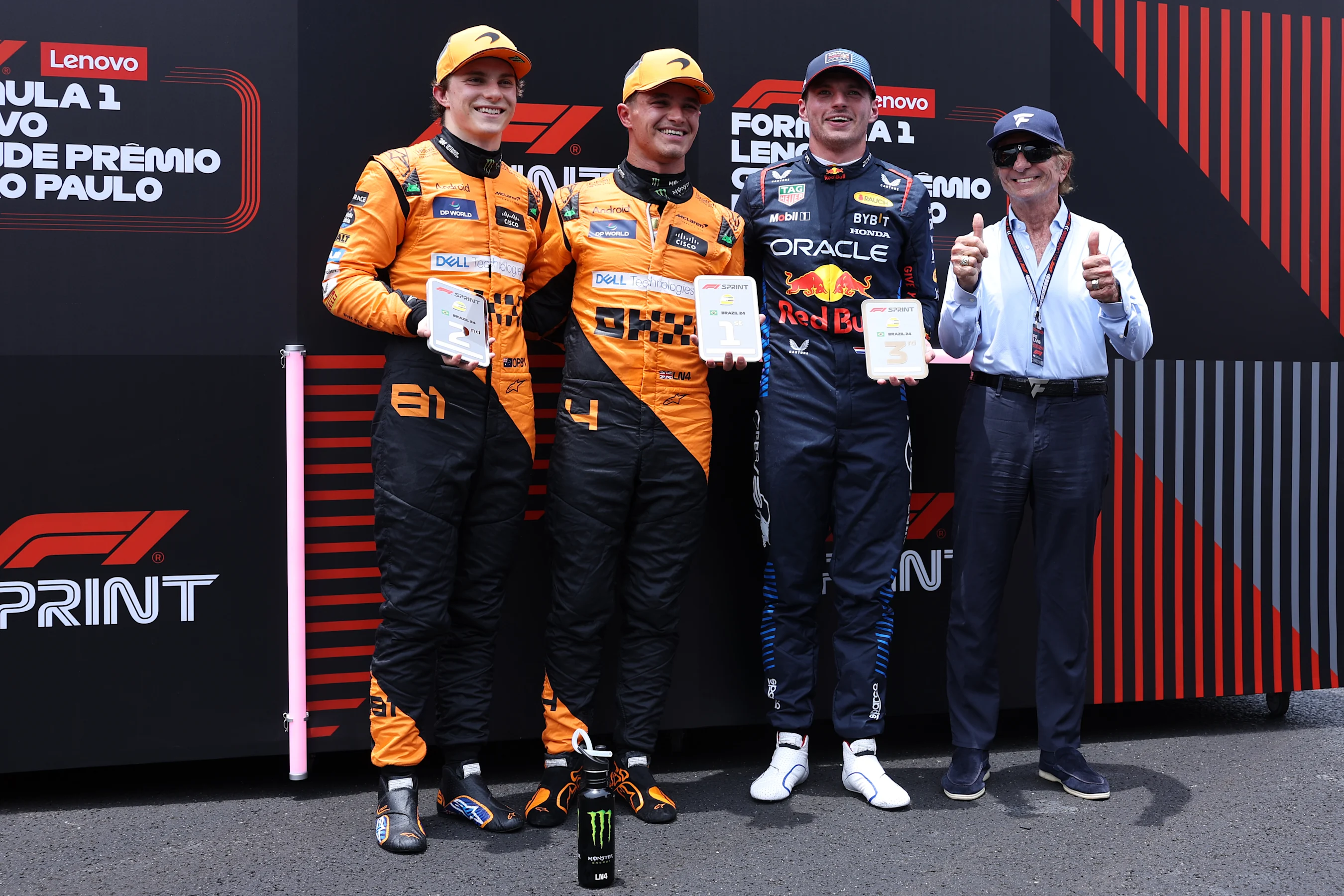SAO PAULO, BRAZIL - NOVEMBER 02: Sprint winner Lando Norris of Great Britain and McLaren, Second