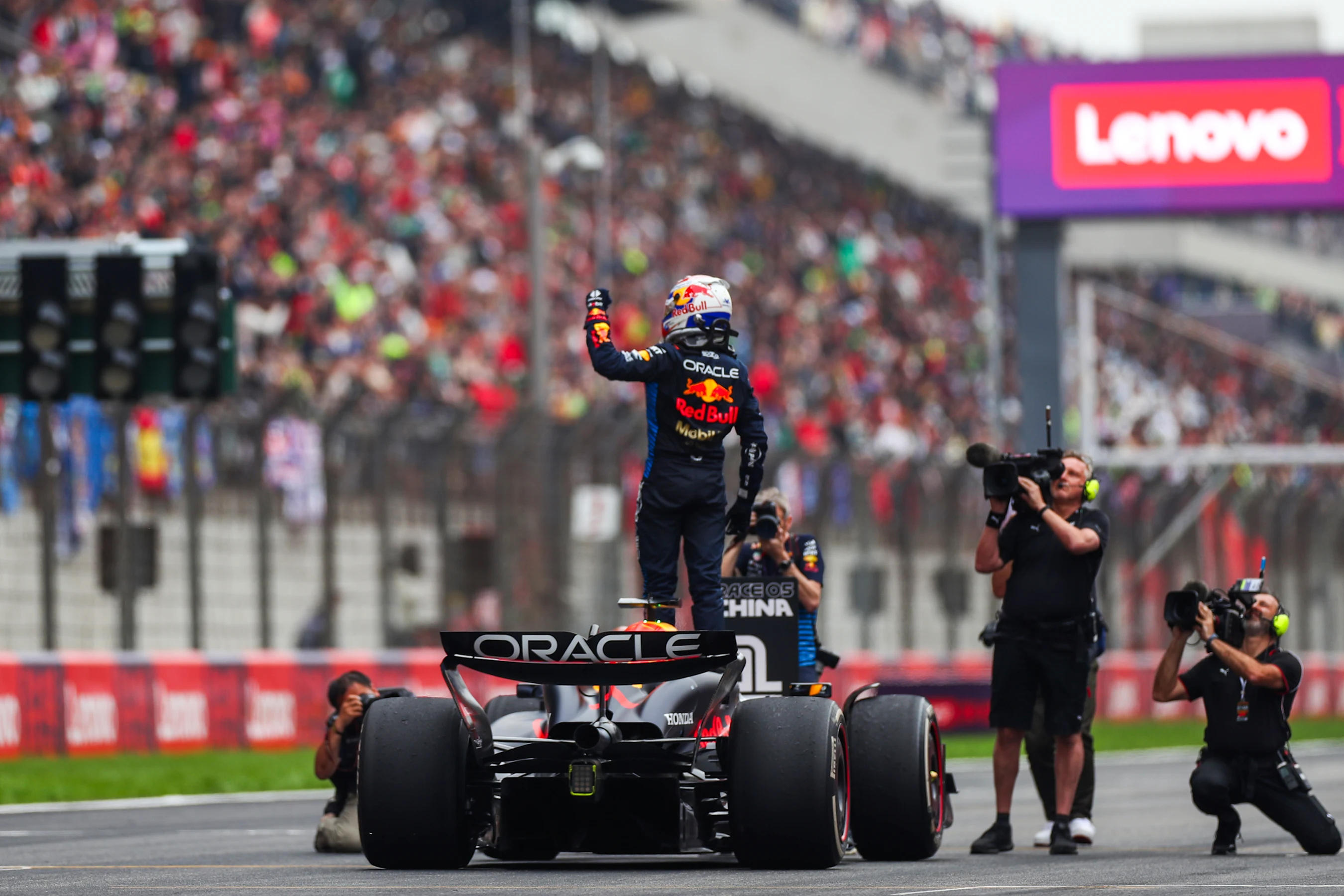 SHANGHAI, CHINA - APRIL 21: Max Verstappen of Oracle Red Bull Racing and The Netherlands celebrates