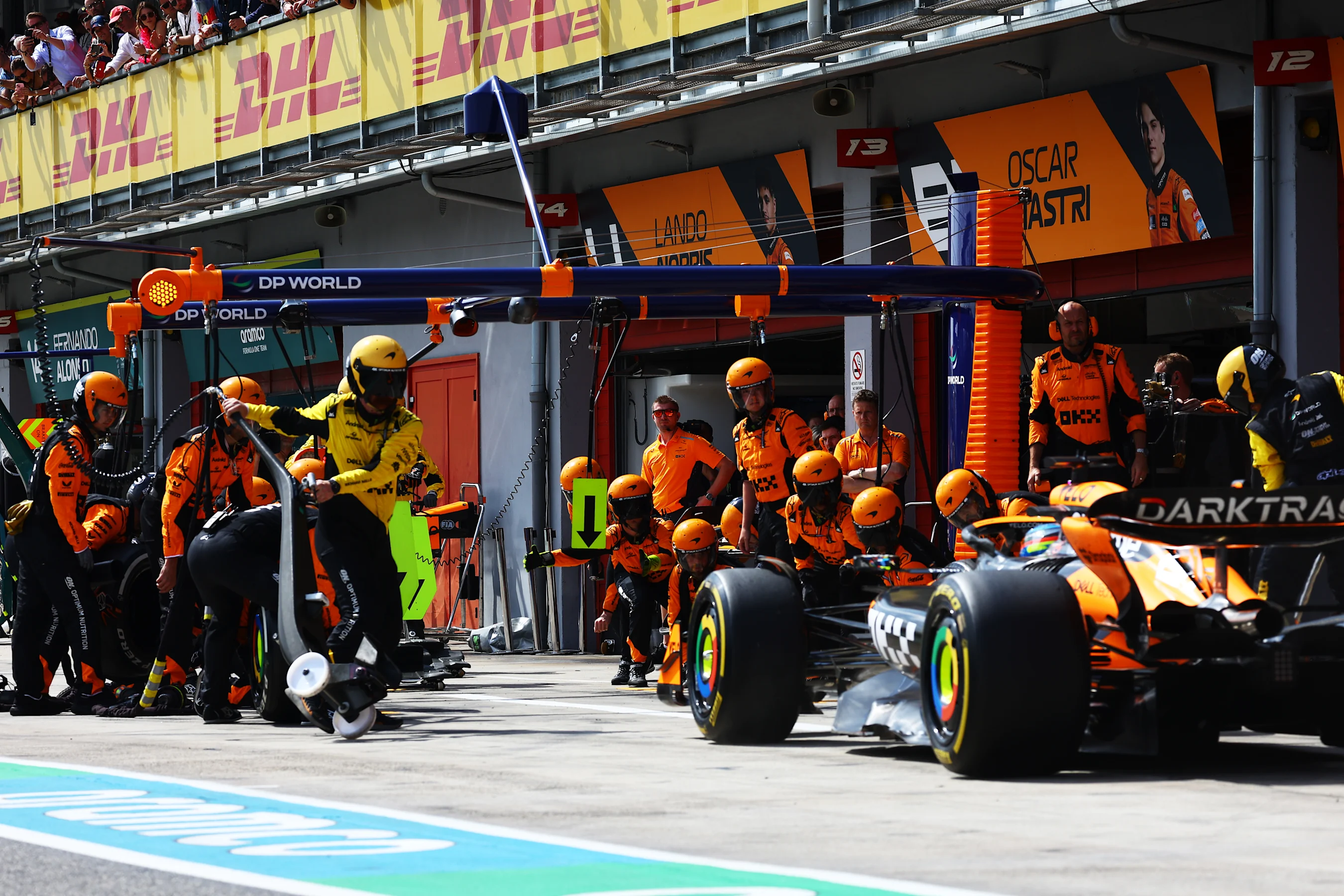 IMOLA, ITALY - MAY 19: Oscar Piastri of Australia driving the (81) McLaren MCL38 Mercedes makes a