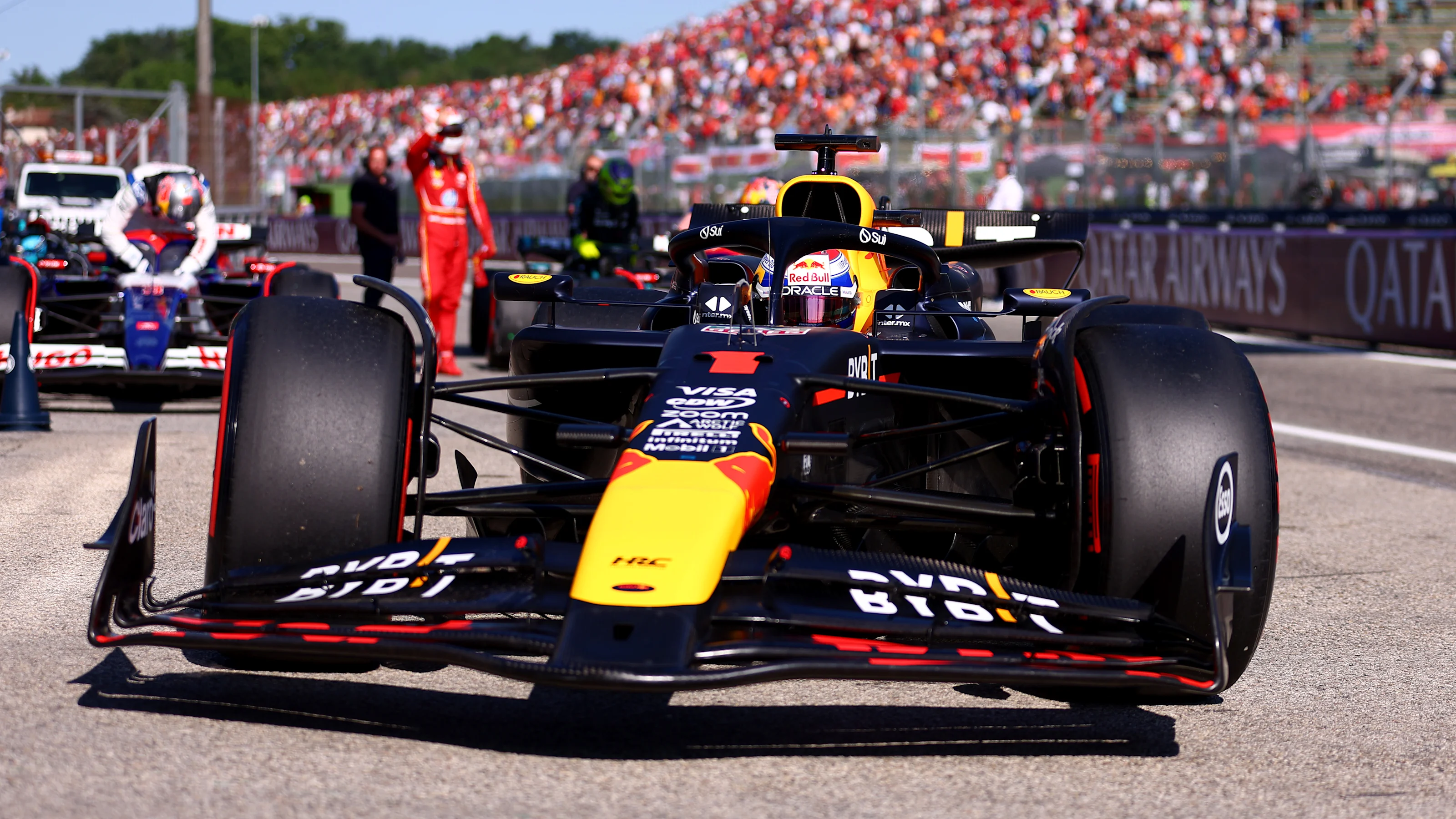 IMOLA, ITALY - MAY 18: Pole position qualifier Max Verstappen of the Netherlands and Oracle Red
