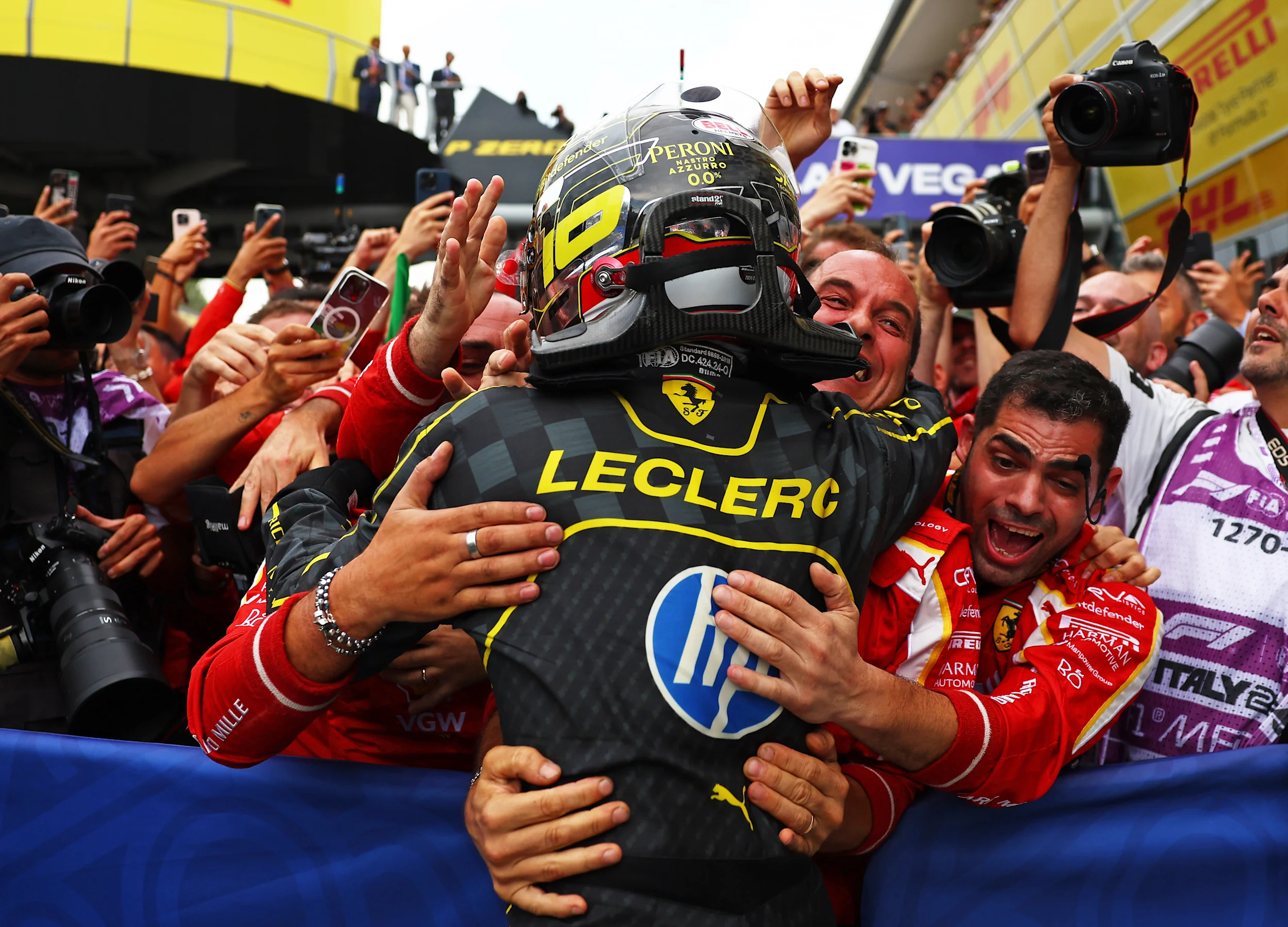 MONZA, ITALY - SEPTEMBER 01: Race winner Charles Leclerc of Monaco and Ferrari celebrates in parc