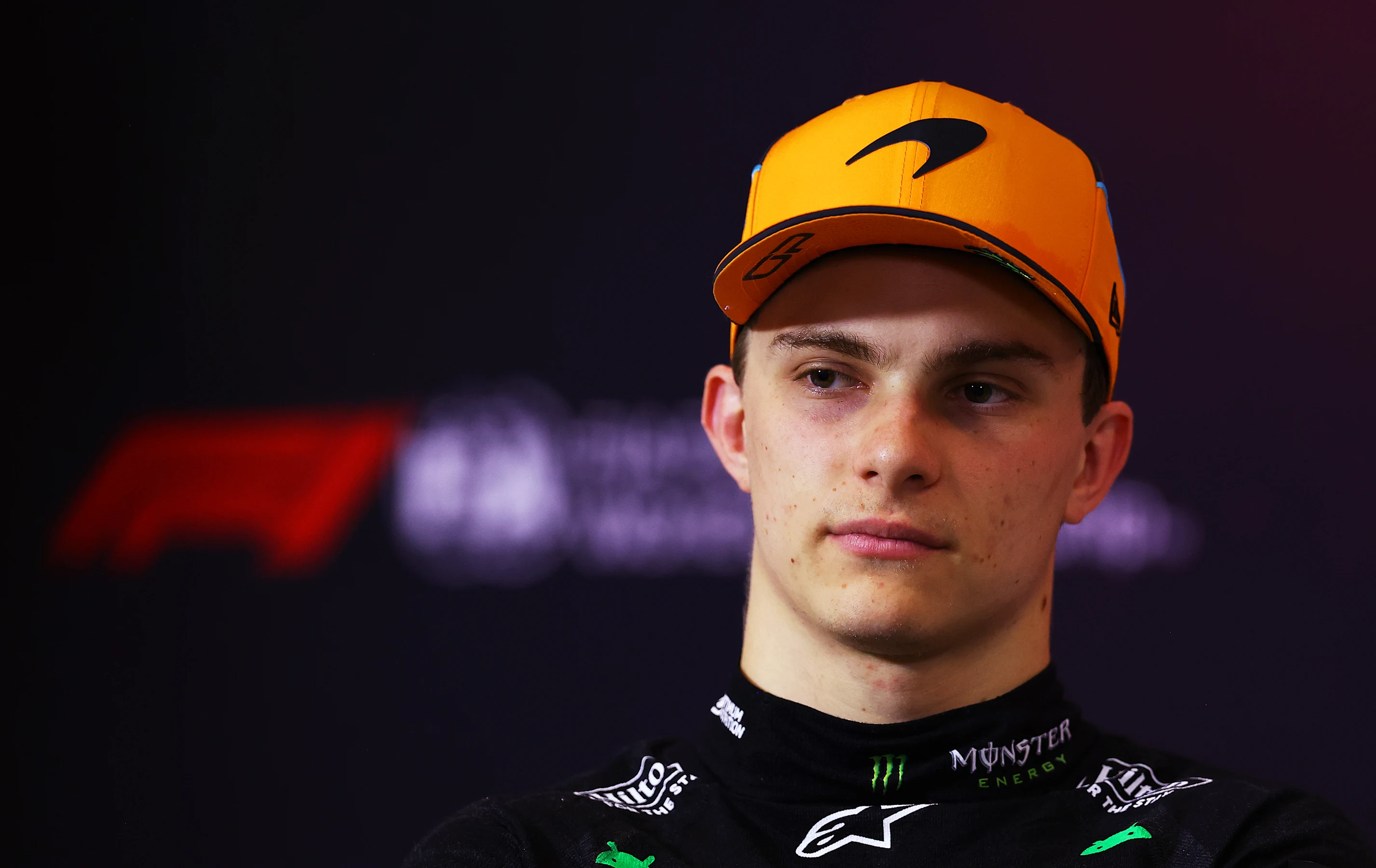 MONZA, ITALY - AUGUST 31: Oscar Piastri of Australia and McLaren talks to the media during