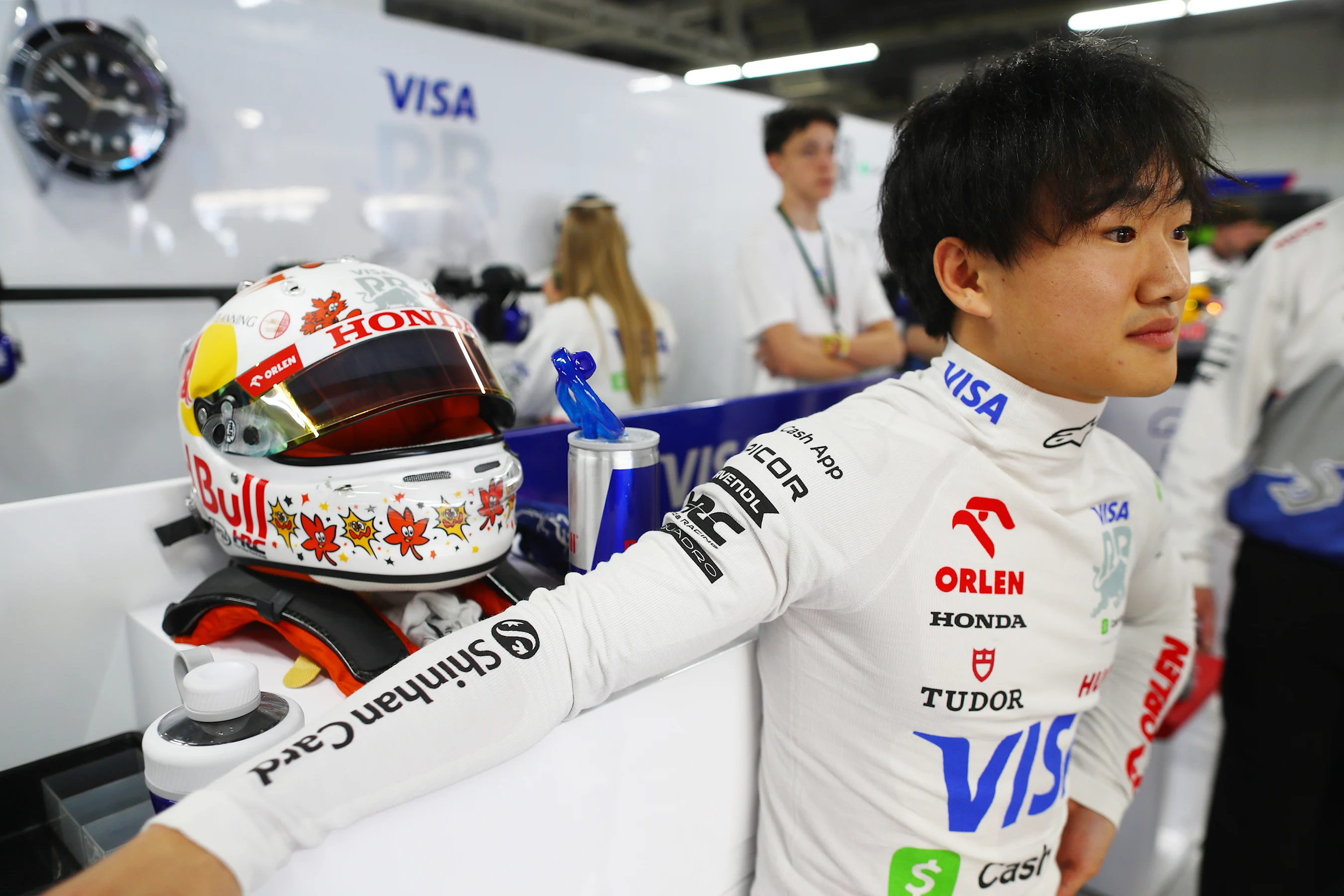 SUZUKA, JAPAN - APRIL 06: Yuki Tsunoda of Japan and Visa Cash App RB looks on in the garage during