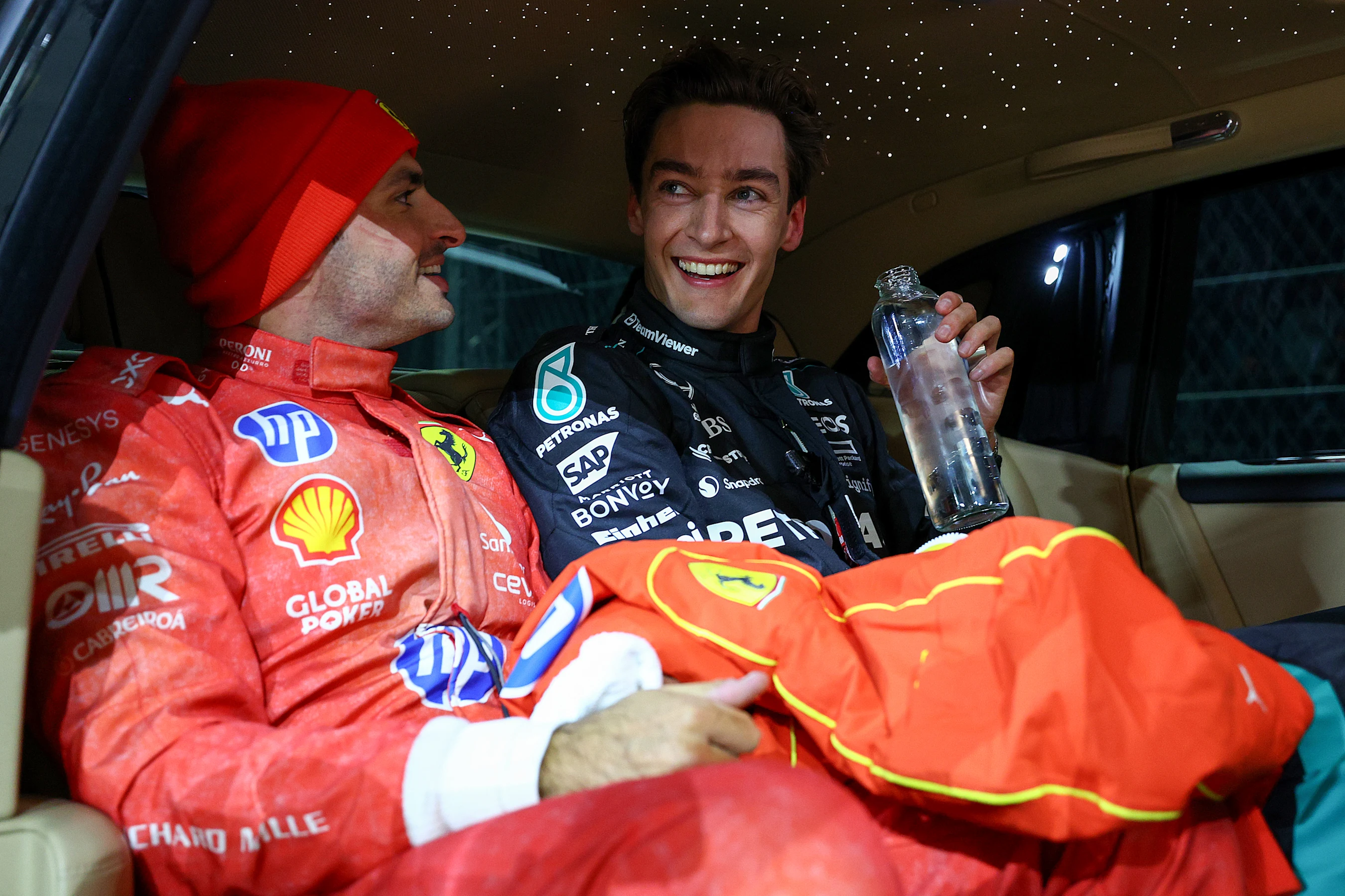 LAS VEGAS, NEVADA - NOVEMBER 23: Race winner George Russell of Great Britain and Mercedes and Third