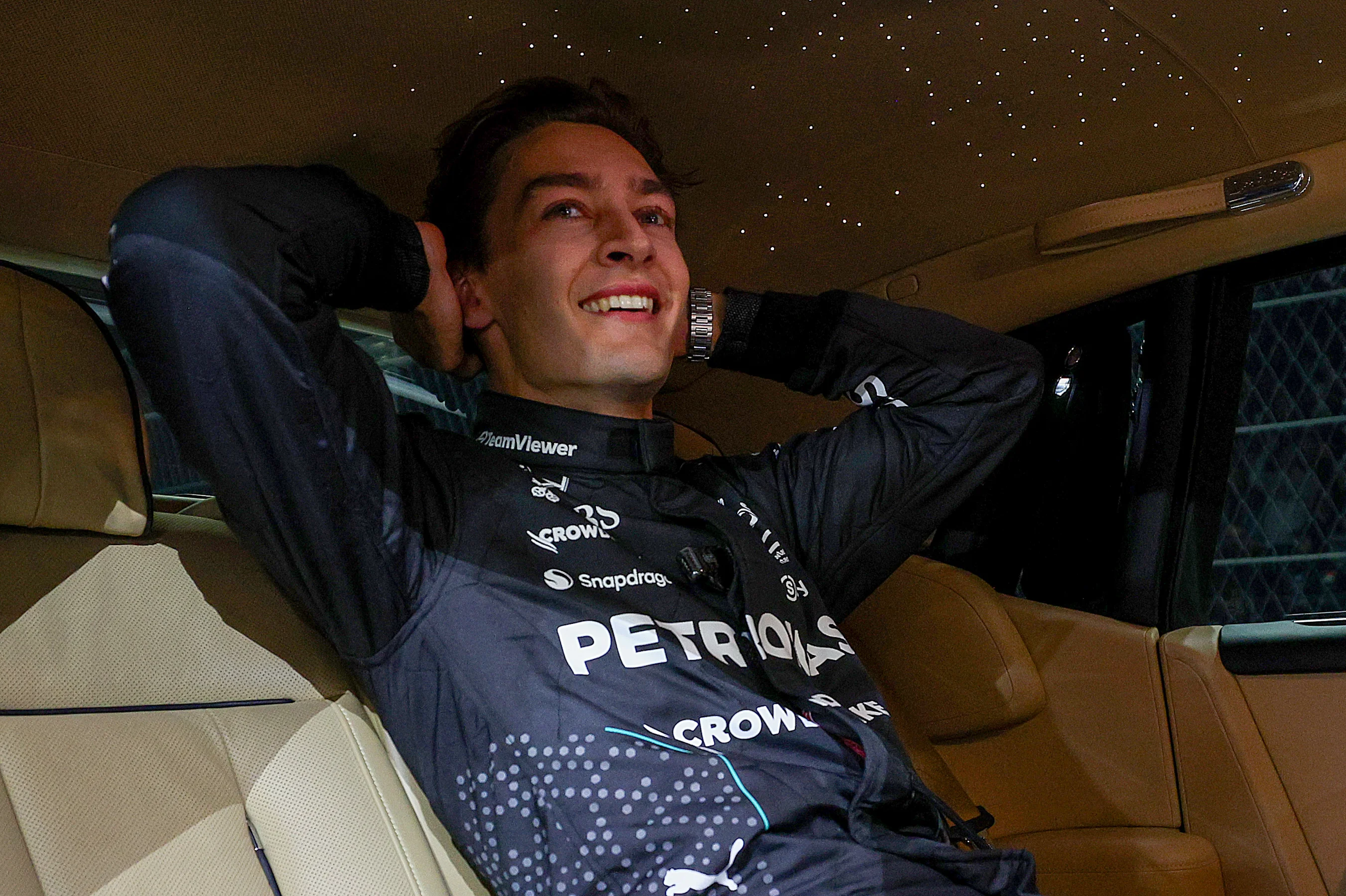 LAS VEGAS, NEVADA - NOVEMBER 23: Race winner George Russell of Great Britain and Mercedes