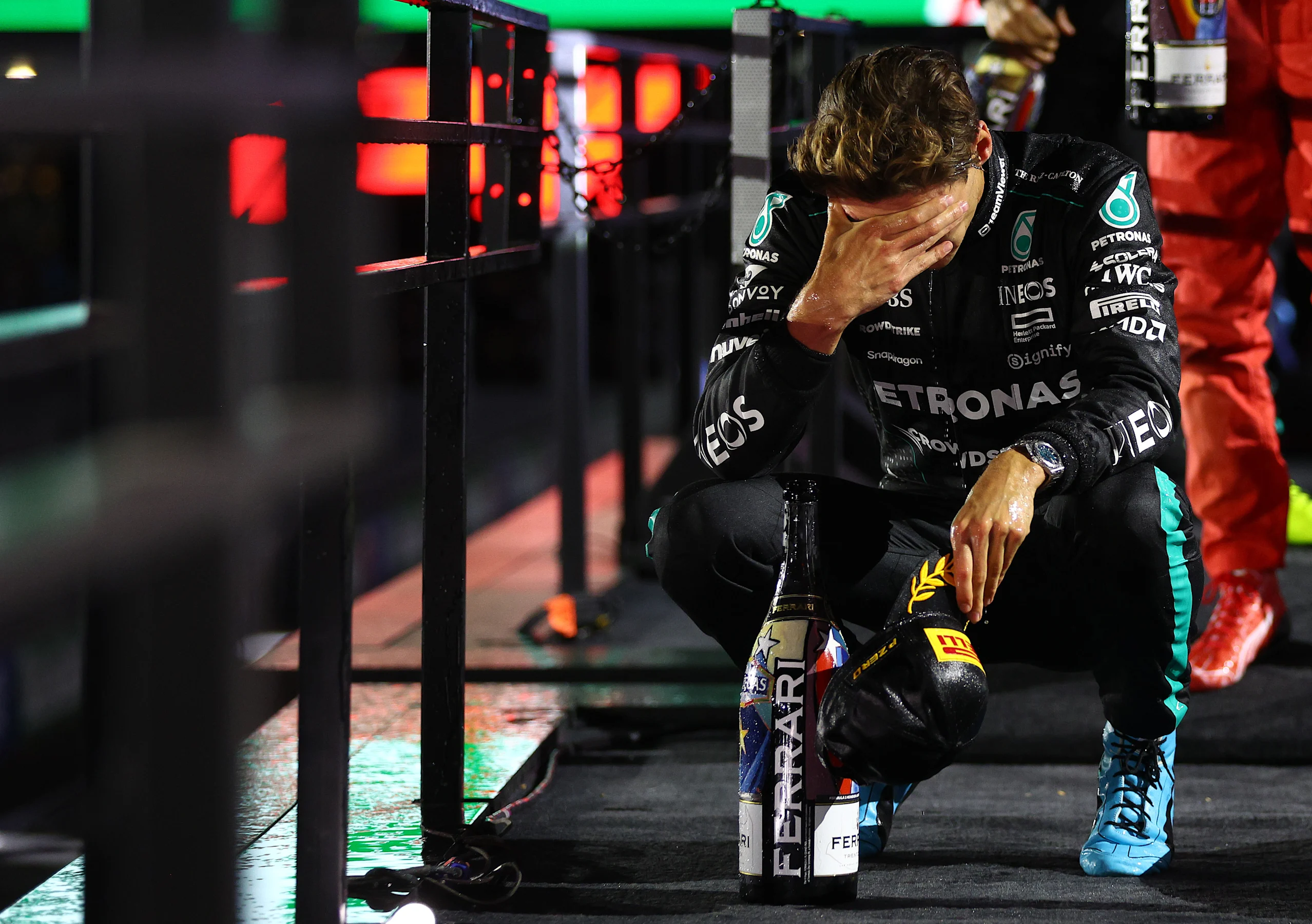 LAS VEGAS, NEVADA - NOVEMBER 23: Race winner George Russell of Great Britain and Mercedes reacts on