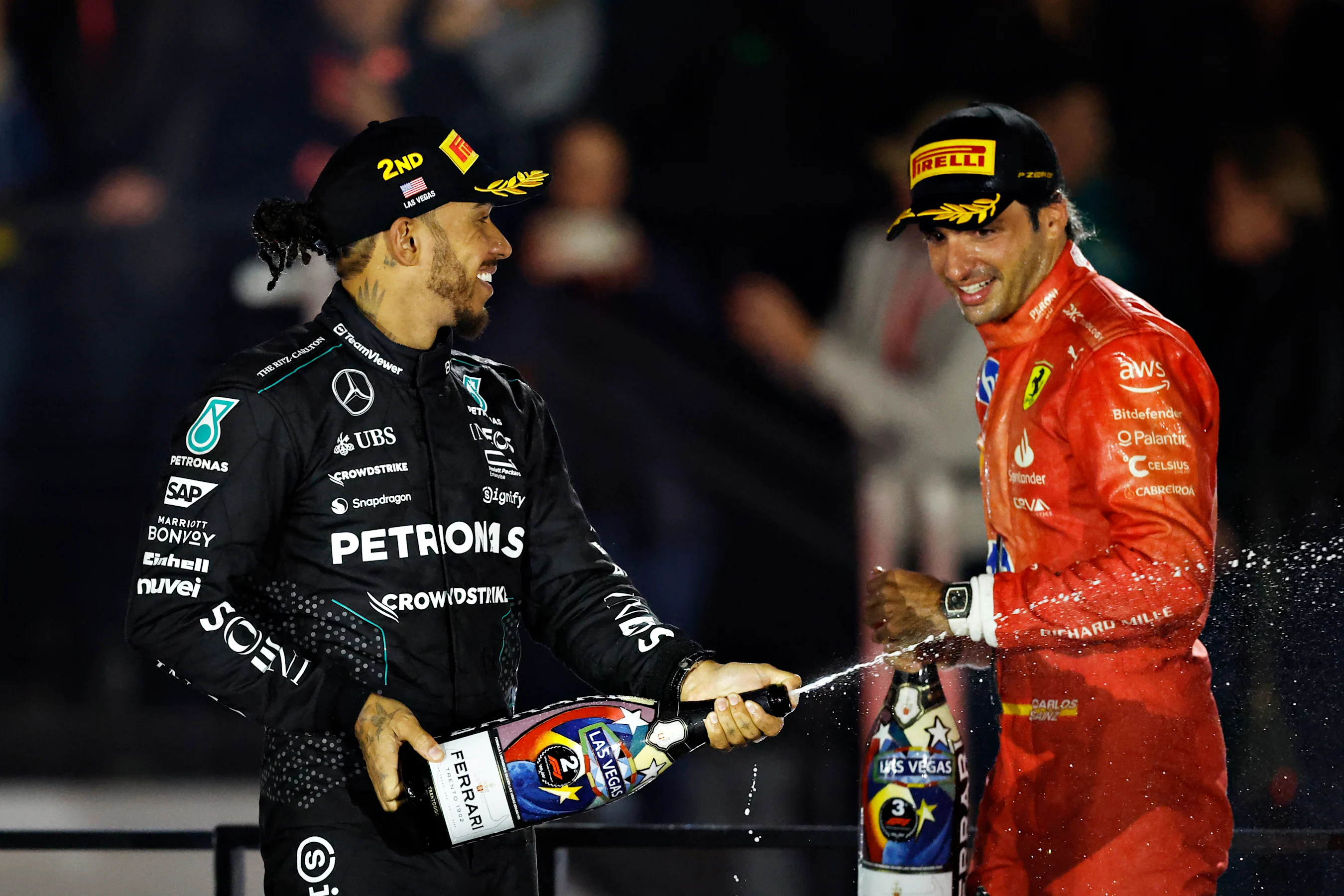 LAS VEGAS, NEVADA - NOVEMBER 23: Second placed Lewis Hamilton of Great Britain and Mercedes and