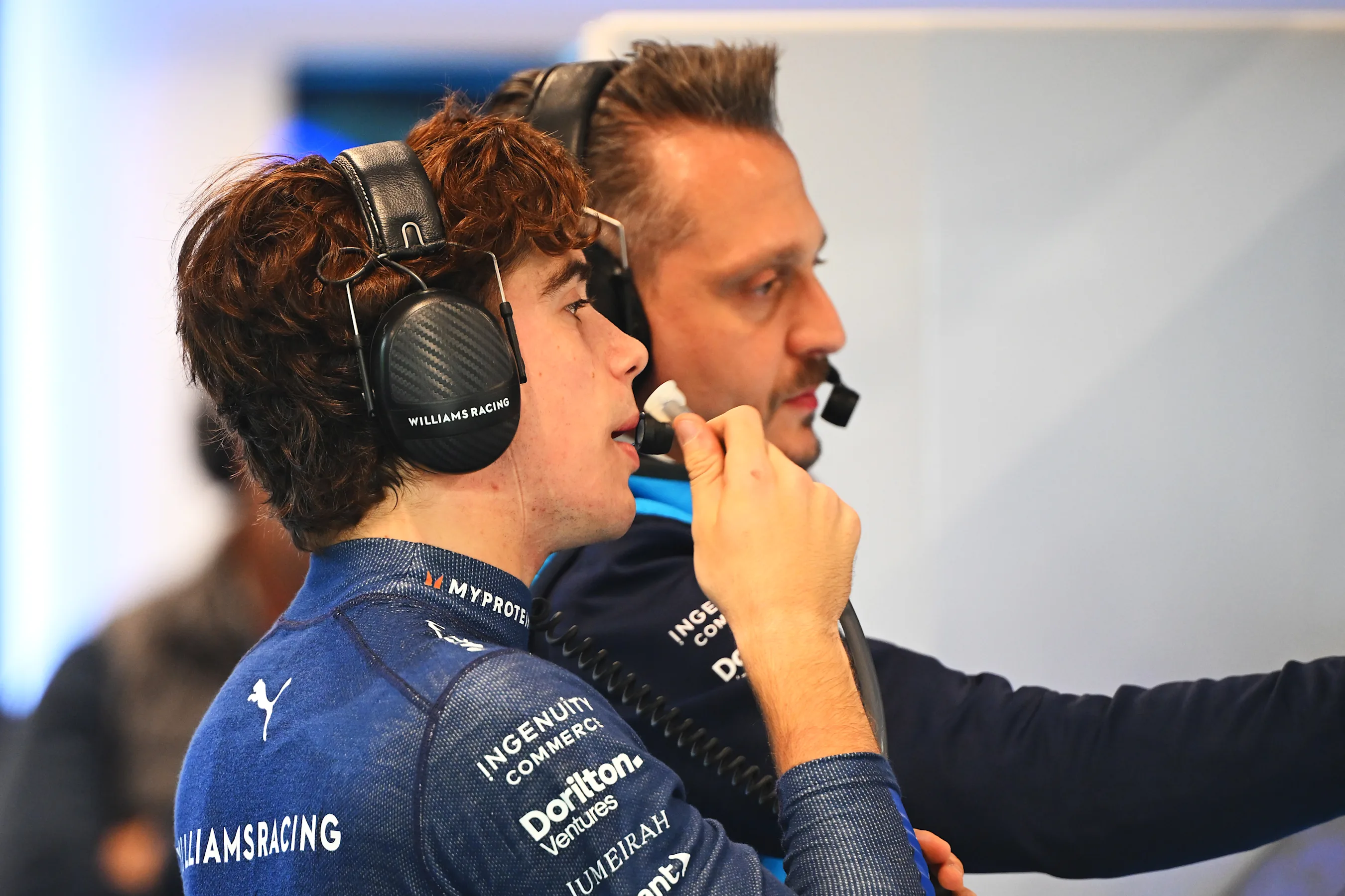 LAS VEGAS, NEVADA - NOVEMBER 21: Franco Colapinto of Argentina and Williams looks on in the garage