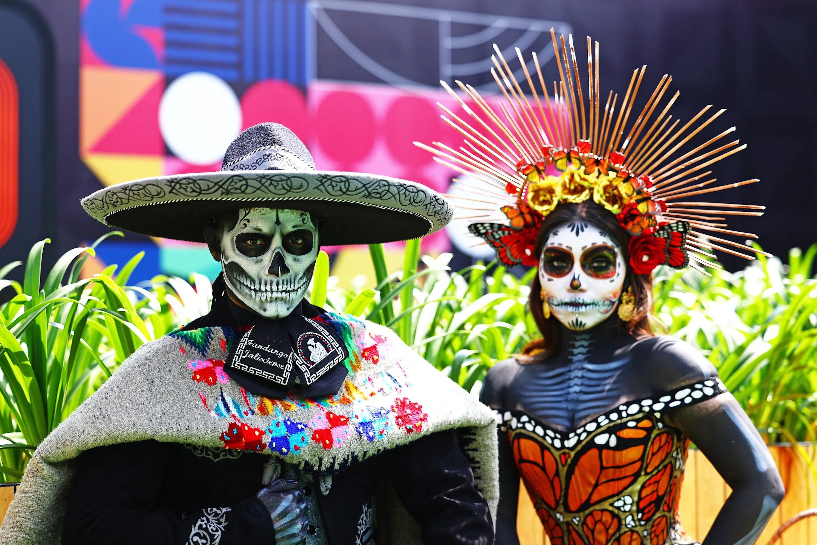 MEXICO CITY, MEXICO - OCTOBER 24: Day of the Dead performers are seen in the Paddock during