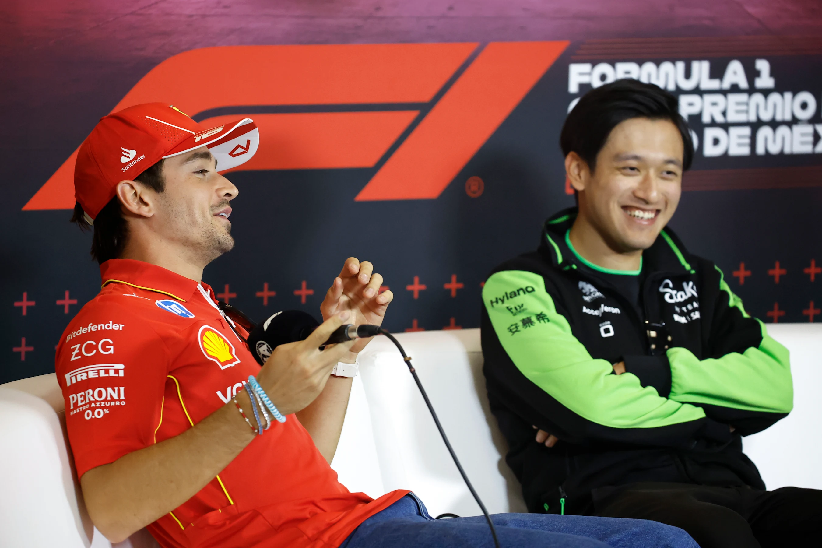 MEXICO CITY, MEXICO - OCTOBER 24: Charles Leclerc of Monaco and Ferrari and Zhou Guanyu of China