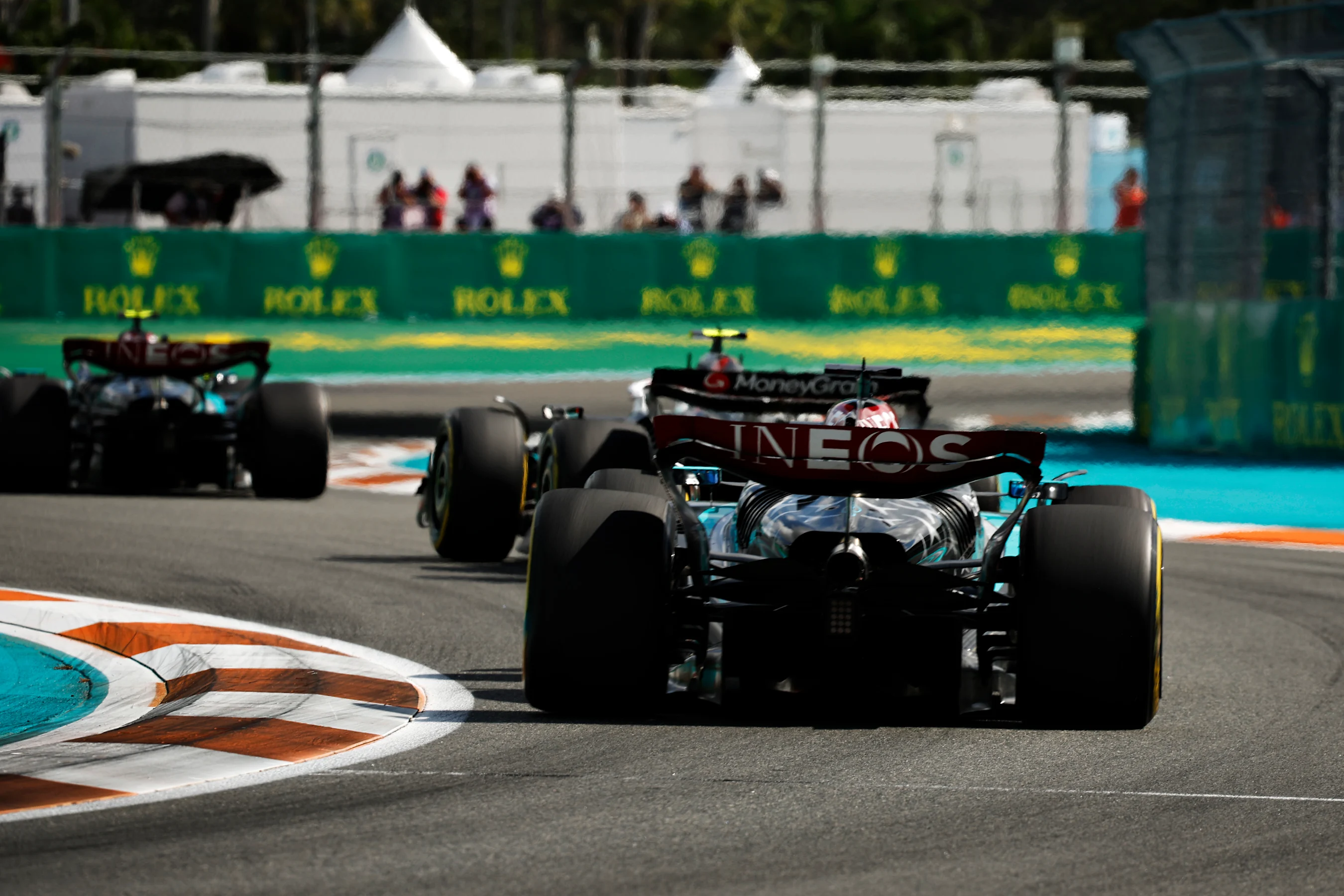 MIAMI, FLORIDA - MAY 05: George Russell of Great Britain driving the (63) Mercedes AMG Petronas F1