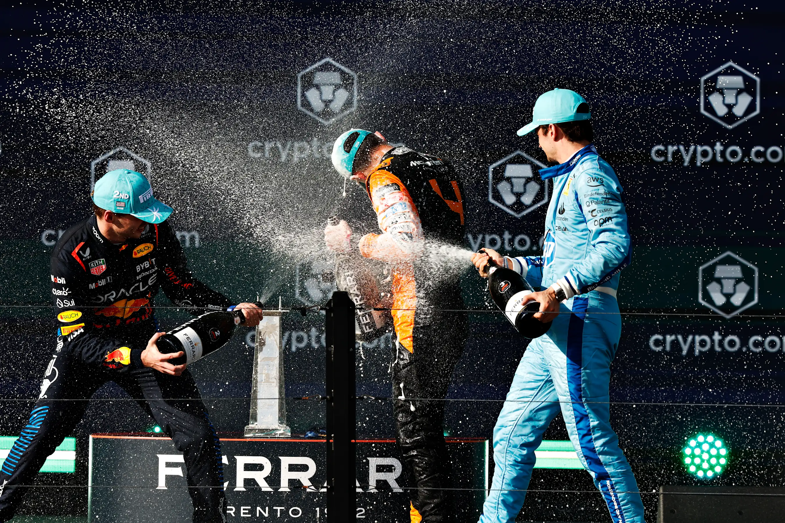 MIAMI, FLORIDA - MAY 05: Race winner Lando Norris of Great Britain and McLaren, Second placed Max